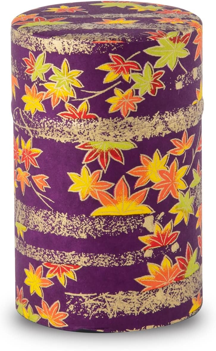 NOREN Japanese Tea Canister Tin (Yuzen Washi Paper), 3.5oz Size Made in JAPAN with Includes Inner Lid of Airtight Damp-Proof/Kitchen Jar for Loose Leaf Coffee Tea (Autumn leaves/Purple)