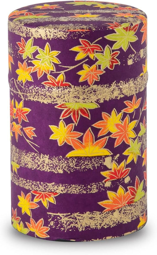 NOREN Japanese Tea Canister Tin (Yuzen Washi Paper), 3.5oz Size Made in JAPAN with Includes Inner Lid of Airtight Damp-Proof/Kitchen Jar for Loose Leaf Coffee Tea (Autumn leaves/Purple)