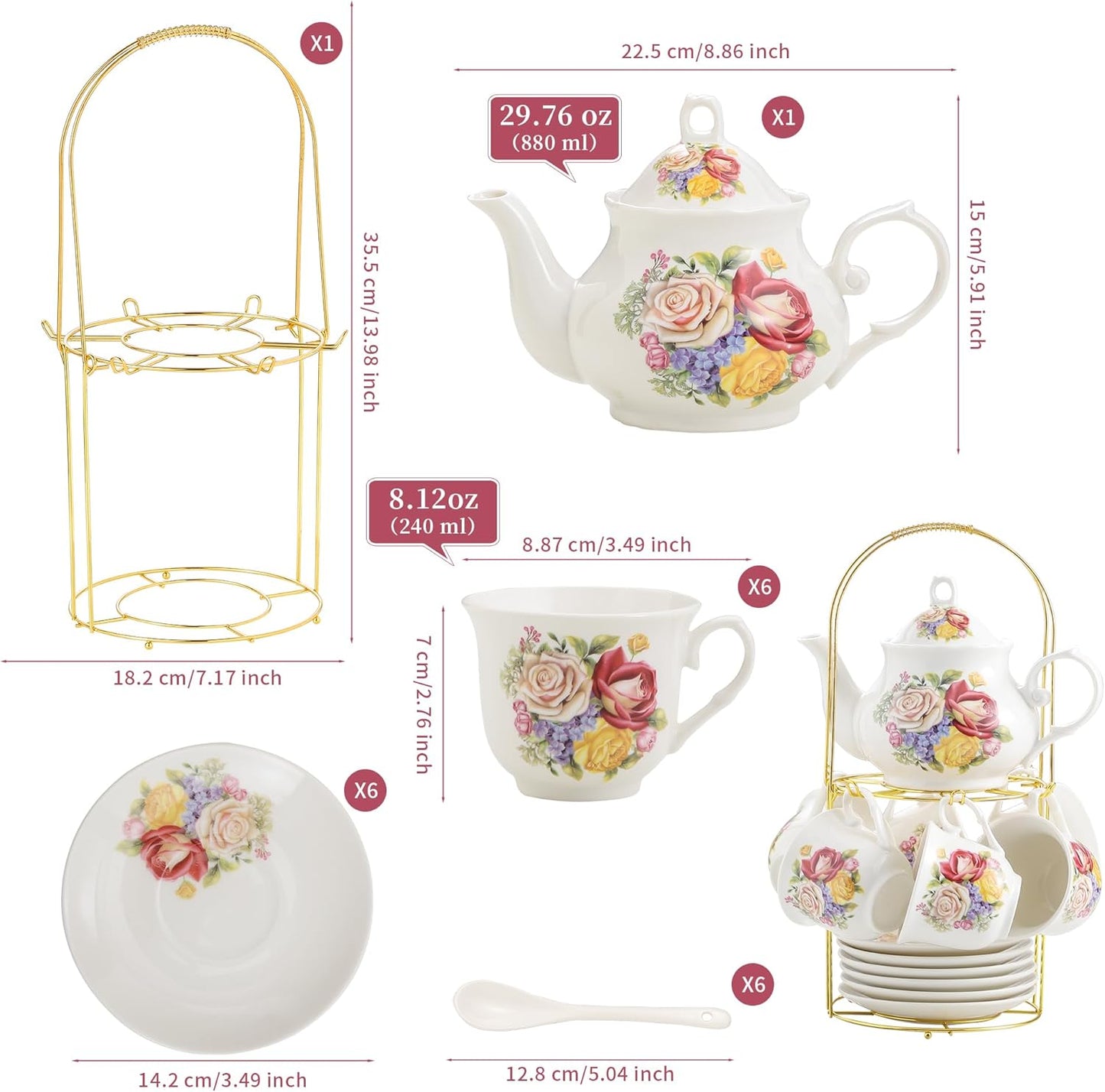 20-Pieces Porcelain Bone china Tea Sets,Gold Rim Coffee Set with Golden Metal Rack,Tea Gift Sets for Home&Party (006)