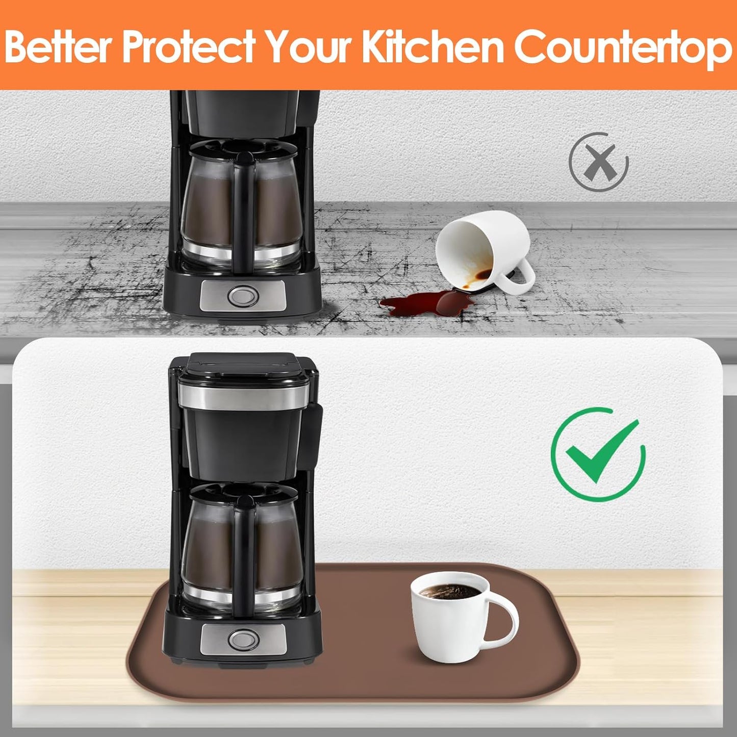 Silicone Coffee Maker Mat with Lip, 17.4'' x 10.6'' Heavy Duty Coffee Maker Mat for Countertops, Coffee Tray Fit Under Coffee Machine Appliance Automatic Machines Espresso Accessory, Brown