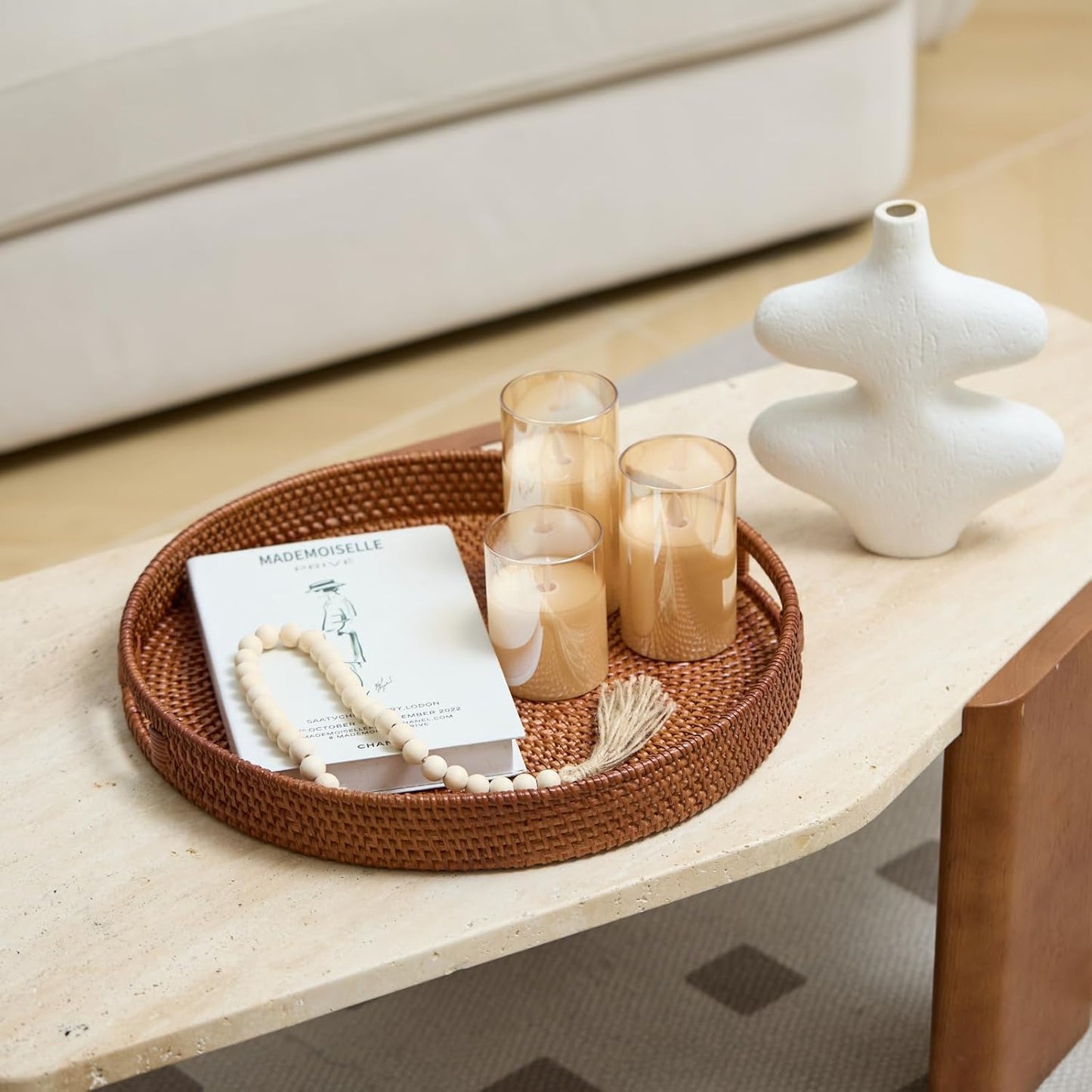 16.9 inch Round Rattan Tray, Woven Large Serving Tray with Handles, Wicker Serving Basket, Coffee Table Decor for Living Room, Reddish-Brown