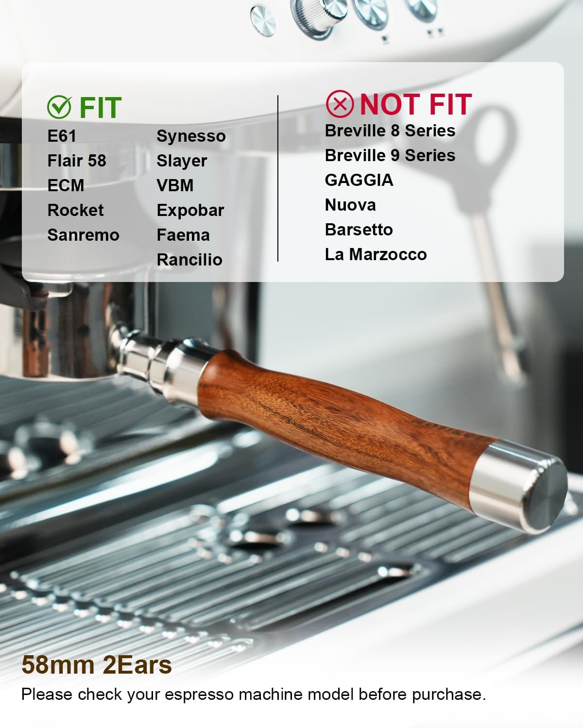 58mm Bottomless Portafilter 2 Ears For E61, Flair 58, ECM, Rocket, Sanremo, Synesso, Slayer, VBM Espresso Machine, Bottomless Naked Portafilter with 18g Filter Basket and Puck Screen - Rosewood