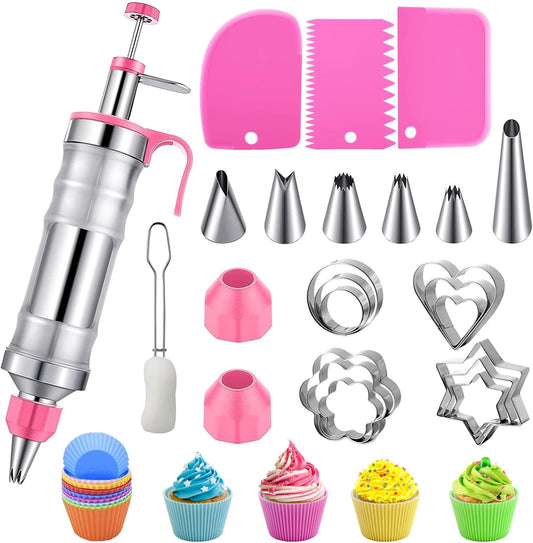 Dessert Decorating Syringe Set,Stainless Steels Cake Decorating Kit,Frosting Piping Kit,Cake Decorating Gun,Icing Piping Kit with 6 Piping Tips 9 Cupcakes 1 Brush & 12 Cookie Cutters