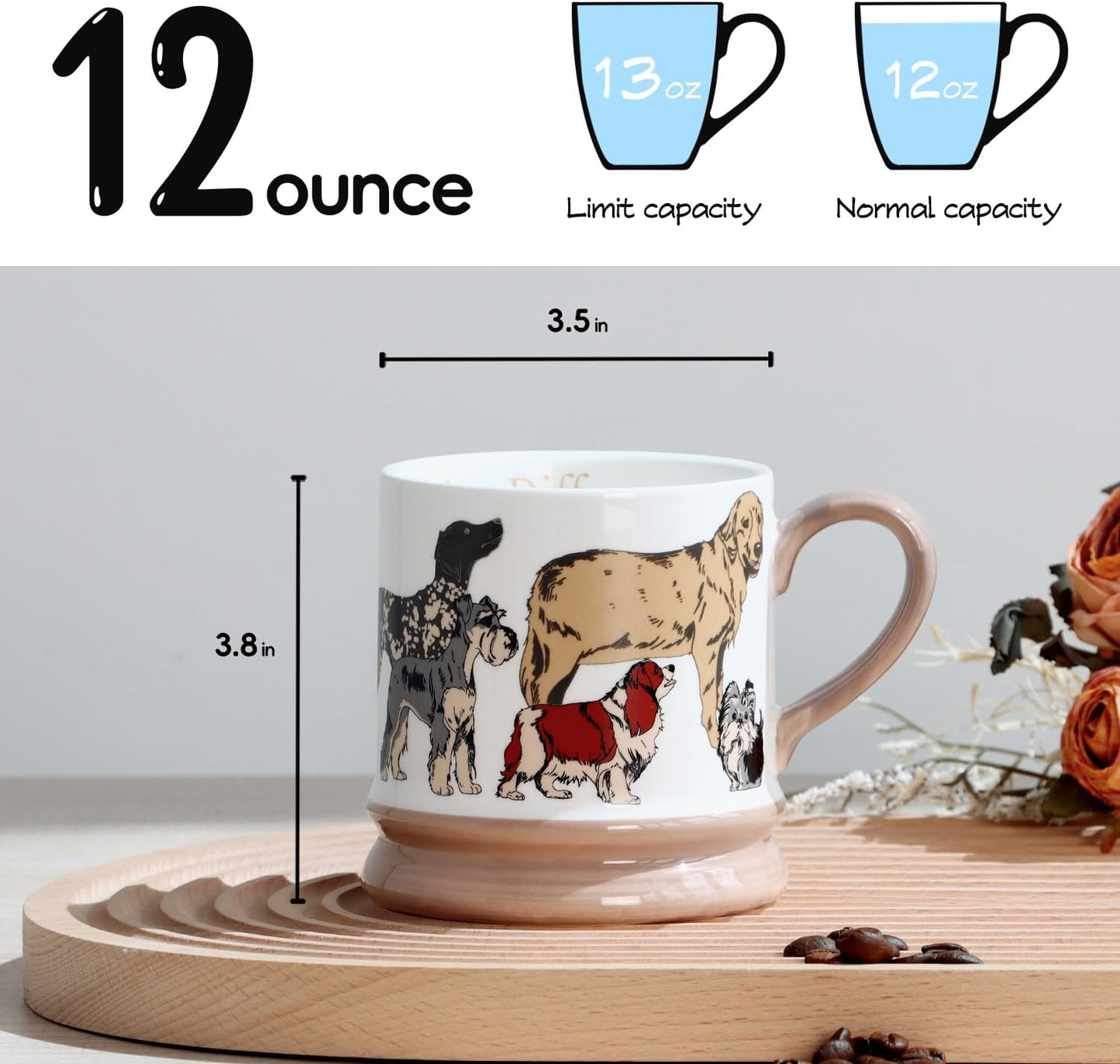 Ceramic Coffee Cappuccino Mug, 13 oz Vintage Animal Mugs Dog Cups Classical Porcelain Tea Cup, Perfect for Tea, Cocoa, Latte - Gifts for Men Woman Dad Mom
