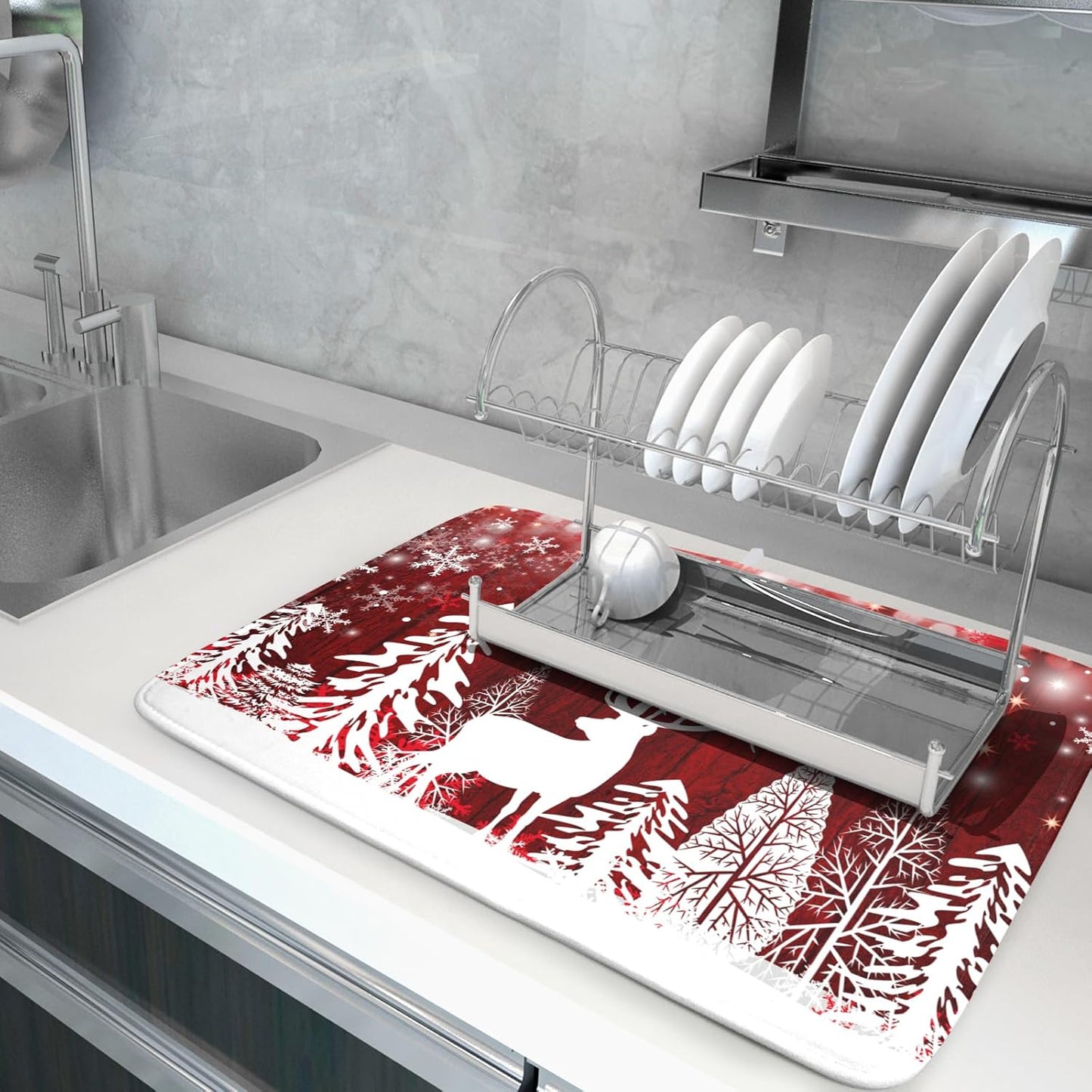 Merry Christmas Dish Drying Mats for Kitchen Counter 18x24 Inch Christmas Tree Kitchen Mat Reversible Absorbent Dish Drainer Farmhouse Dish Mats Drying Pad Dish Drainer Rack Mats for Winter Christmas