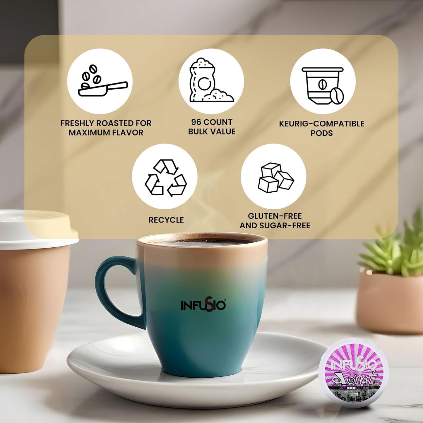 InfuSio Coffee Pods 96 Count Donut Blend Medium Roast Single serve Coffee pods for Keurig K Cups Brewers - InfuSio Premium Roasted Keurig 2.0 Compatible