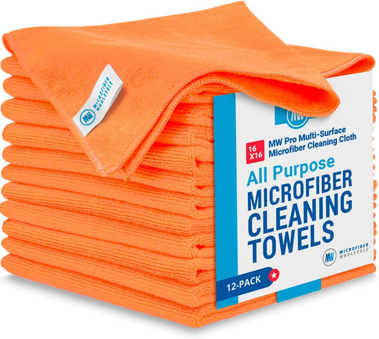MW Pro Microfiber Cleaning Cloth | Orange | 12 Pack | 16” x 16” | All Purpose Microfiber Towels - Clean, Dust, Polish, Scrub, Absorbent