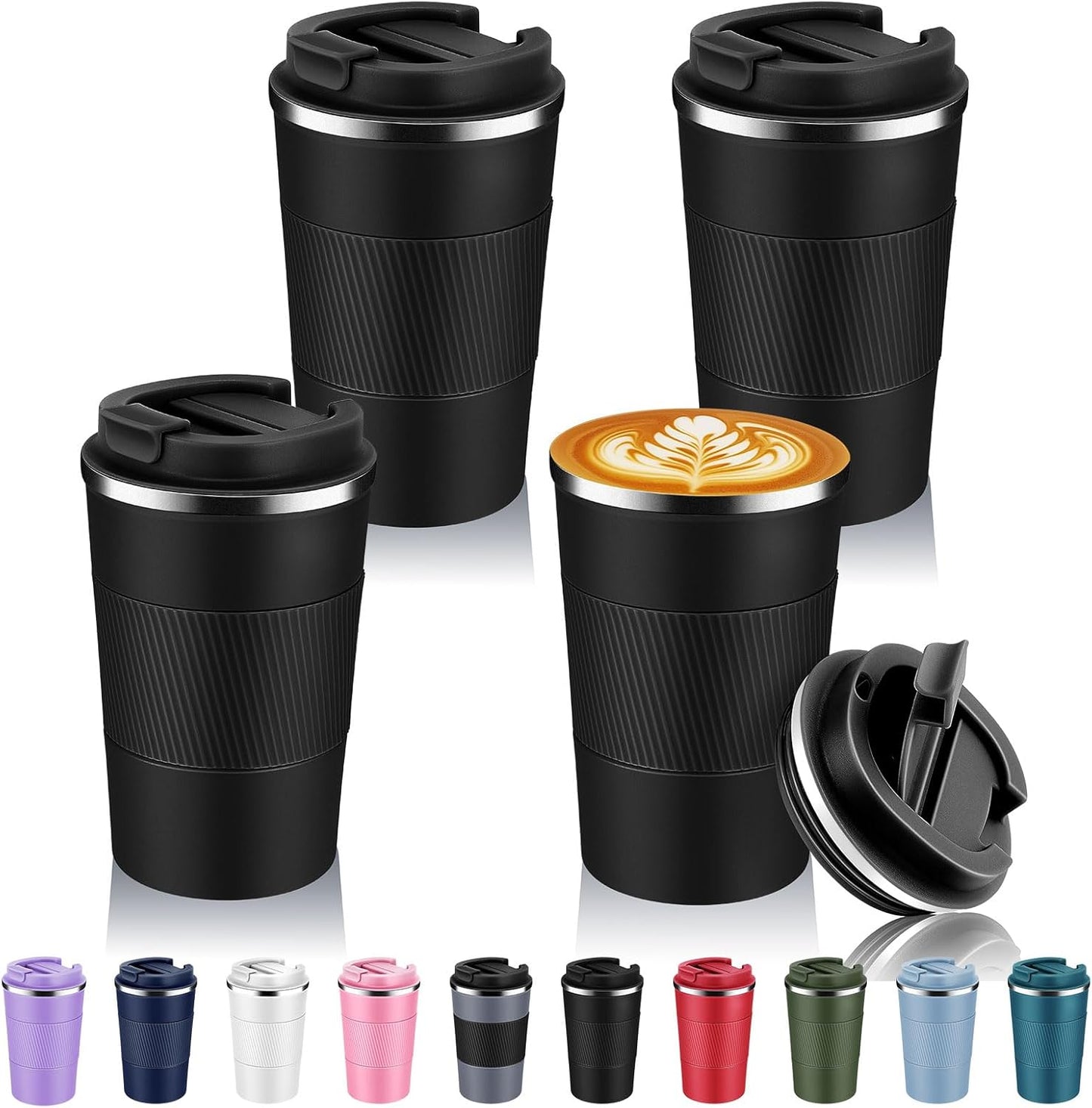 Volhoply 13 oz Stainless Steel Insulated Travel Coffee Mug with Fip Lid Bulk 4 Pack,Reusable Double Wall Vacuum Metal Coffee Cup,Portable Leak Proof Thermal Tumbler for Hot & Cold Drinks(Black,4)