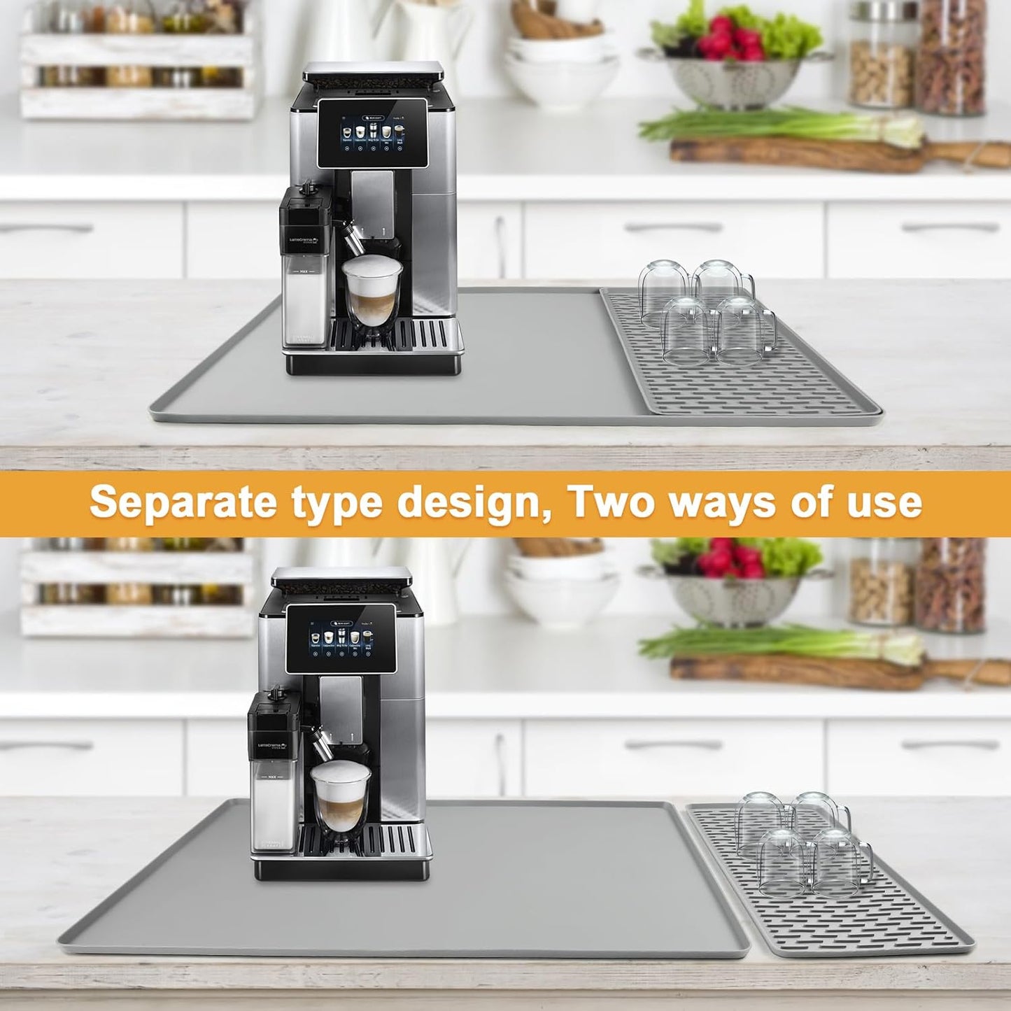 Silicone Coffee mat 24''x16'' – Non-Slip Bar Mat with Detachable Drying Layer for Espresso Machines, Countertops & Dish Racks-Gray
