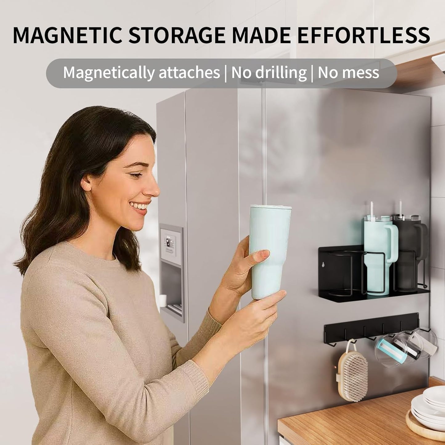 Strong Magnetic Cup Holder for Fridge, Fits Stanley 40/30/20 oz, Yeti & More, No-Drill Tumbler Organizer with Lid & Straw Storage, Kitchen & RV Space Saver(2-Piece Set)