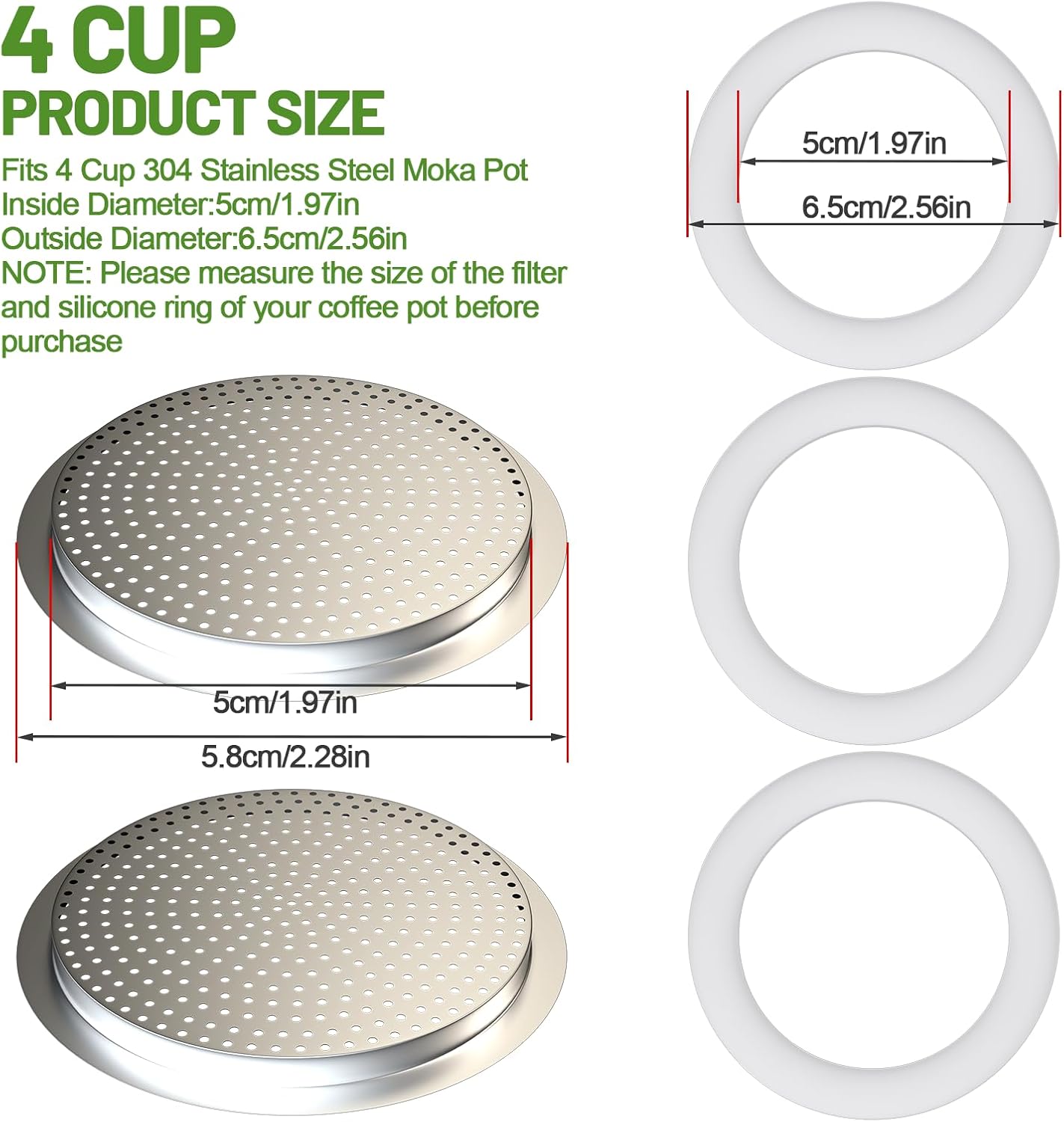 2 Pcs Filter with 3 Pcs Silicone Gasket Seals for 4 Cup Stovetop Espresso Coffee Maker Replacement Parts for 304 Stainless Steel Moka Pot