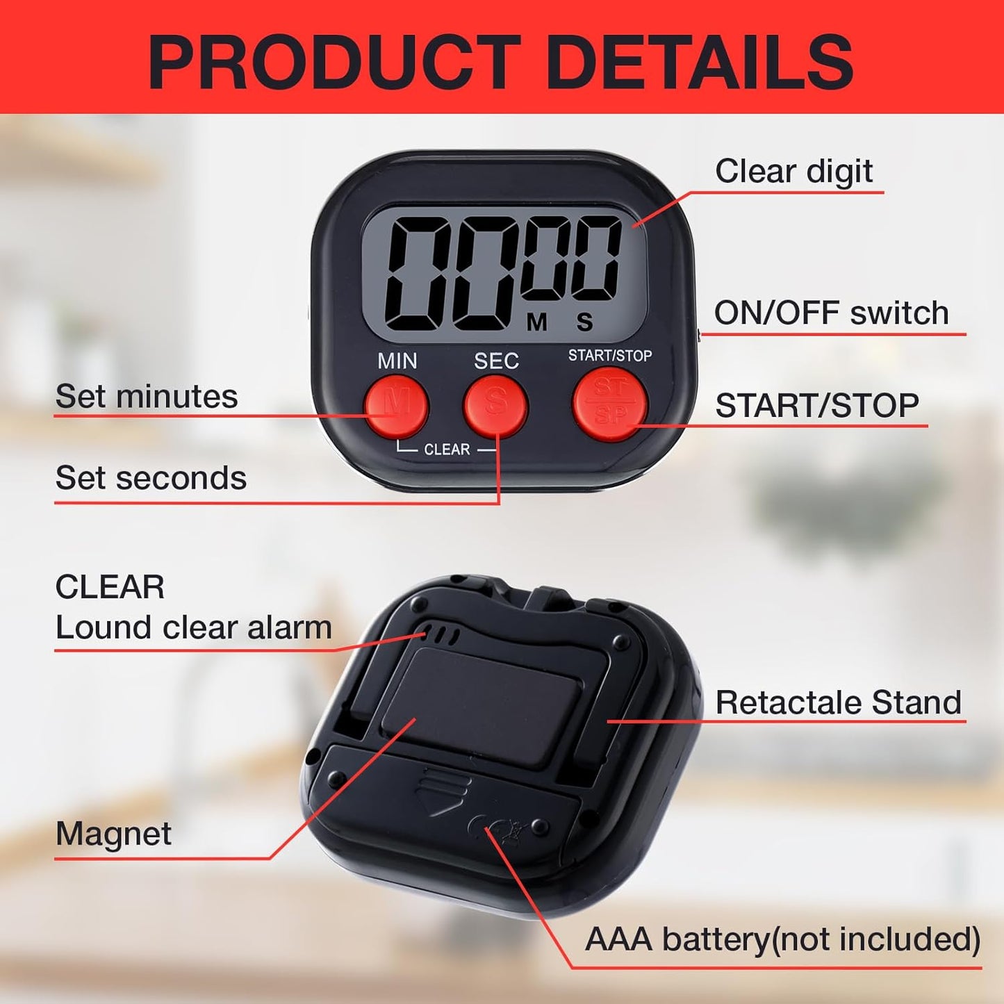 Leumoi 24 Pcs Digital Kitchen Timers Magnetic Back Timers Bulk Large Screen Loud Alarm On/Off Switch Minute Second Count up Countdown Memory Setting for Cooking Classroom Exercise(Black and Red)
