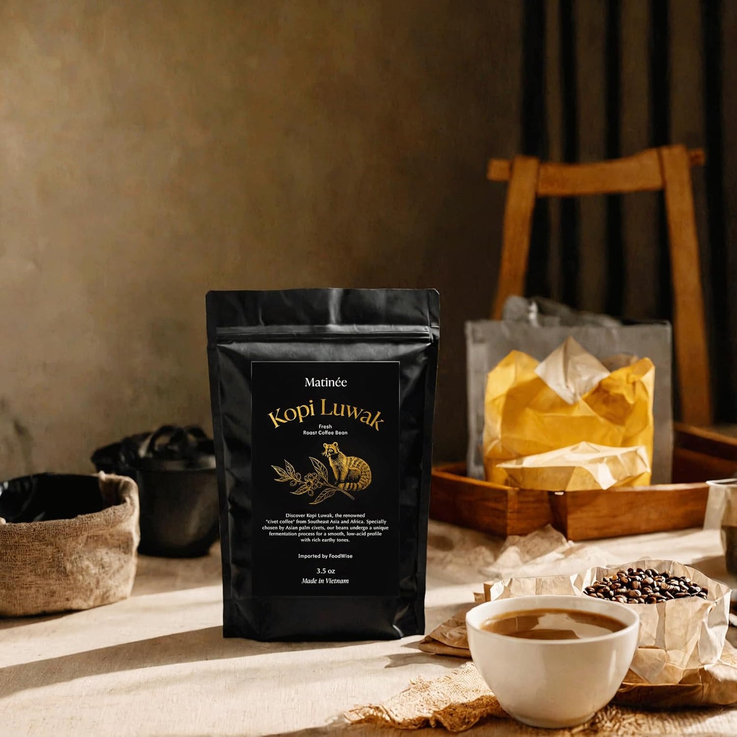 MATINÉE Wild Kopi Luwak Coffee Whole Beans, Medium Roast Luwak Coffee Gifts, Produce of Vietnam, 3.5oz / 100 Grams