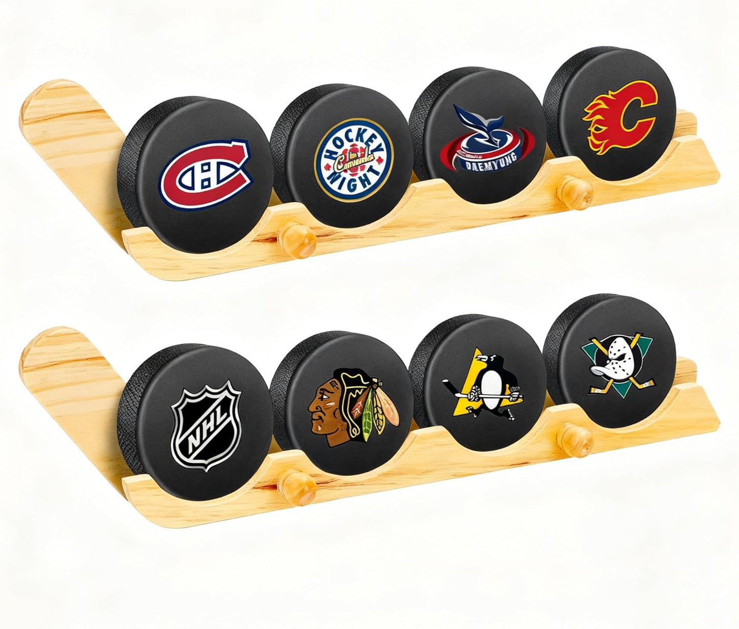2 Pack Hockey Puck Display Cases for Father's Day Gifts, Wooden Wall Mount Holder with Hook - Hockey Puck Holder Living Room Stick Decor Accessory for Player Team Gift - burlywood