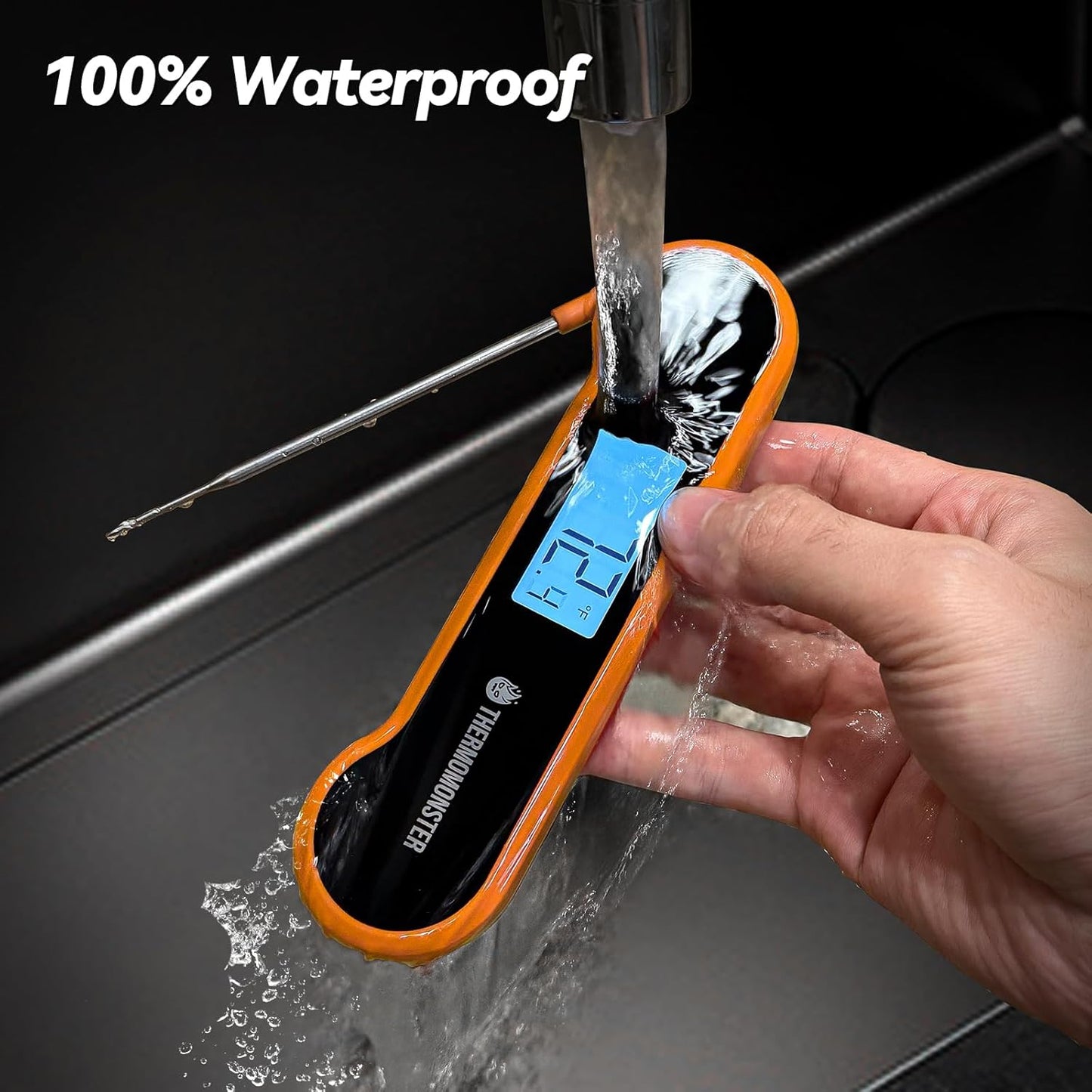 0.5 Sec Instant Read Meat Thermometer Digital with ±0.5℉ Precision, 100% Waterproof Auto Flip Bright LCD Screen, Motion Sensing Food Thermometer for Cooking Kitchen Oven Grill Candy BBQ, Orange