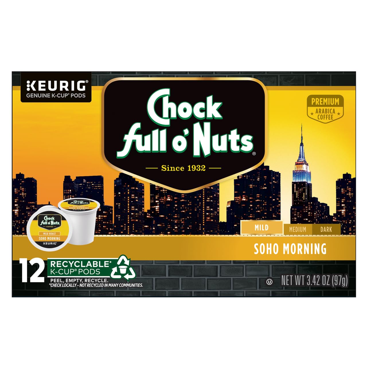 Chock Full o'Nuts Soho Morning Coffee, Mild Roast, Compatible with K-Cup Pods, 12 CT (Pack of 4)
