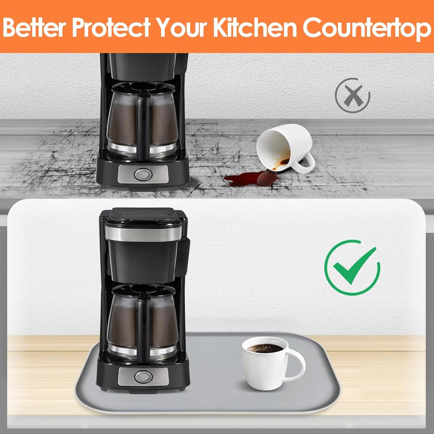 TOHONFOO Silicone Coffee Maker Mat with Lip, 17.4'' x 10.6'' Heavy Duty Coffee Maker Mat for Countertops, Coffee Tray Fit Under Coffee Machine Appliance Automatic Machines Espresso Accessory, Grey