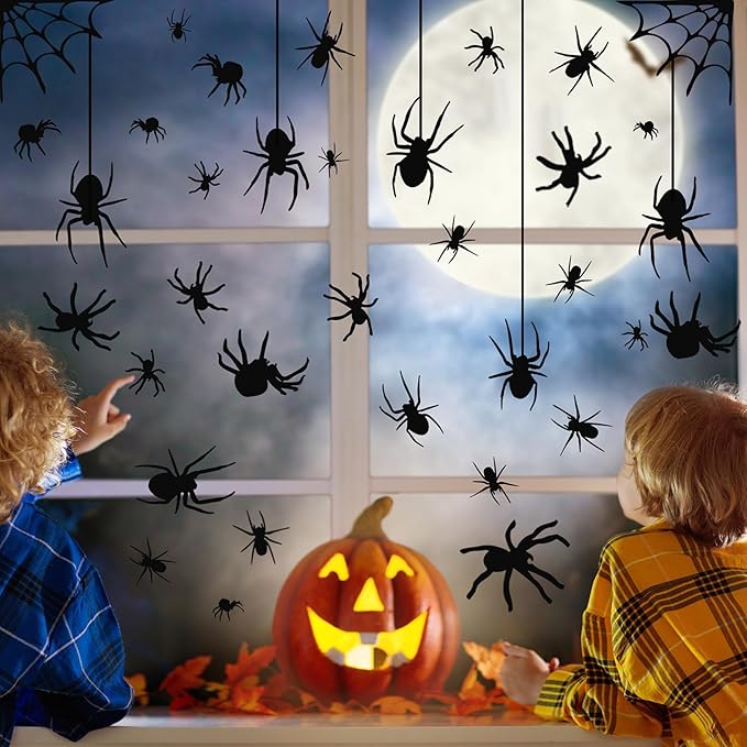 4 Sheets Spider Window Clings - Double-Sided Removable Glass Decals, Halloween Themed Window Stickers for Kids Party Decorations