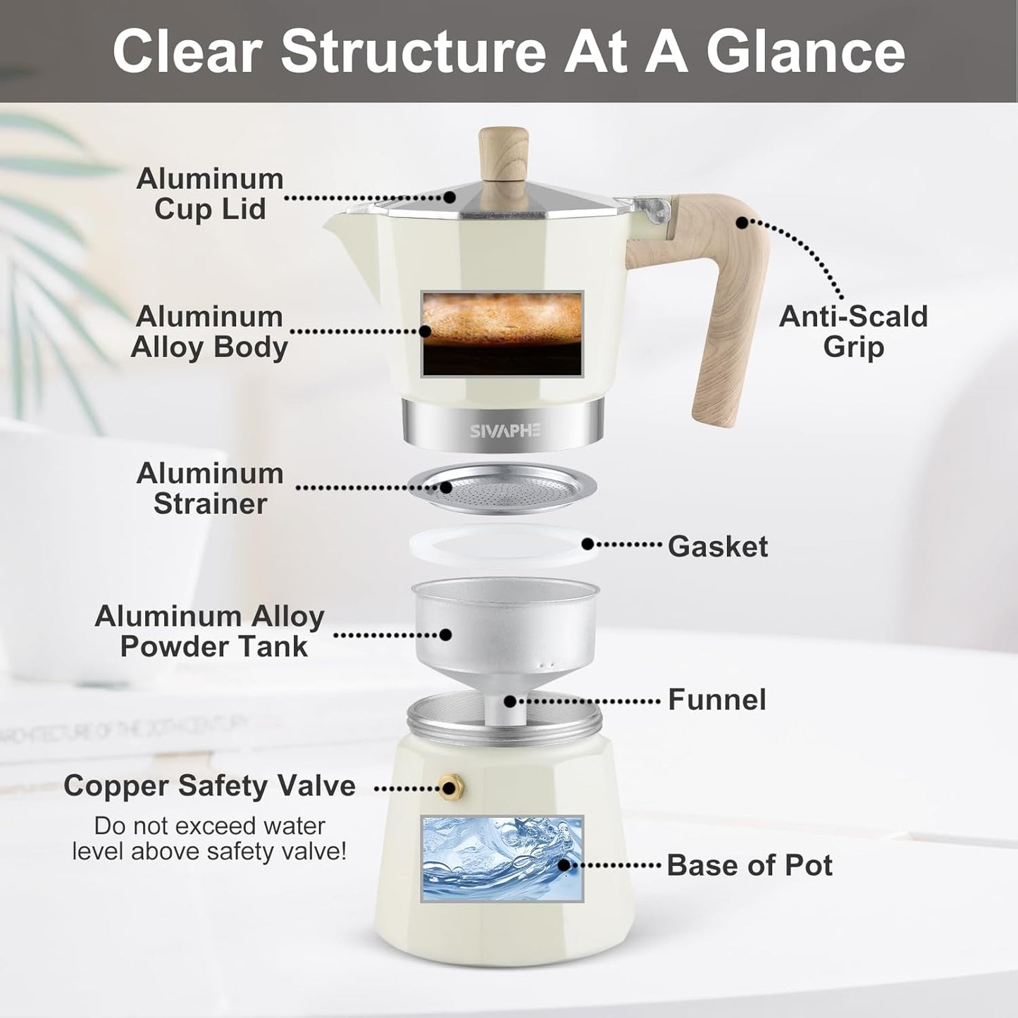 Sivaphe Aluminum Moka Pot 3 Espresso Cups, Percolator Espresso and Coffee Maker, Portable Stovetop Italian and Cuban Café Brewer for Home and Camping White