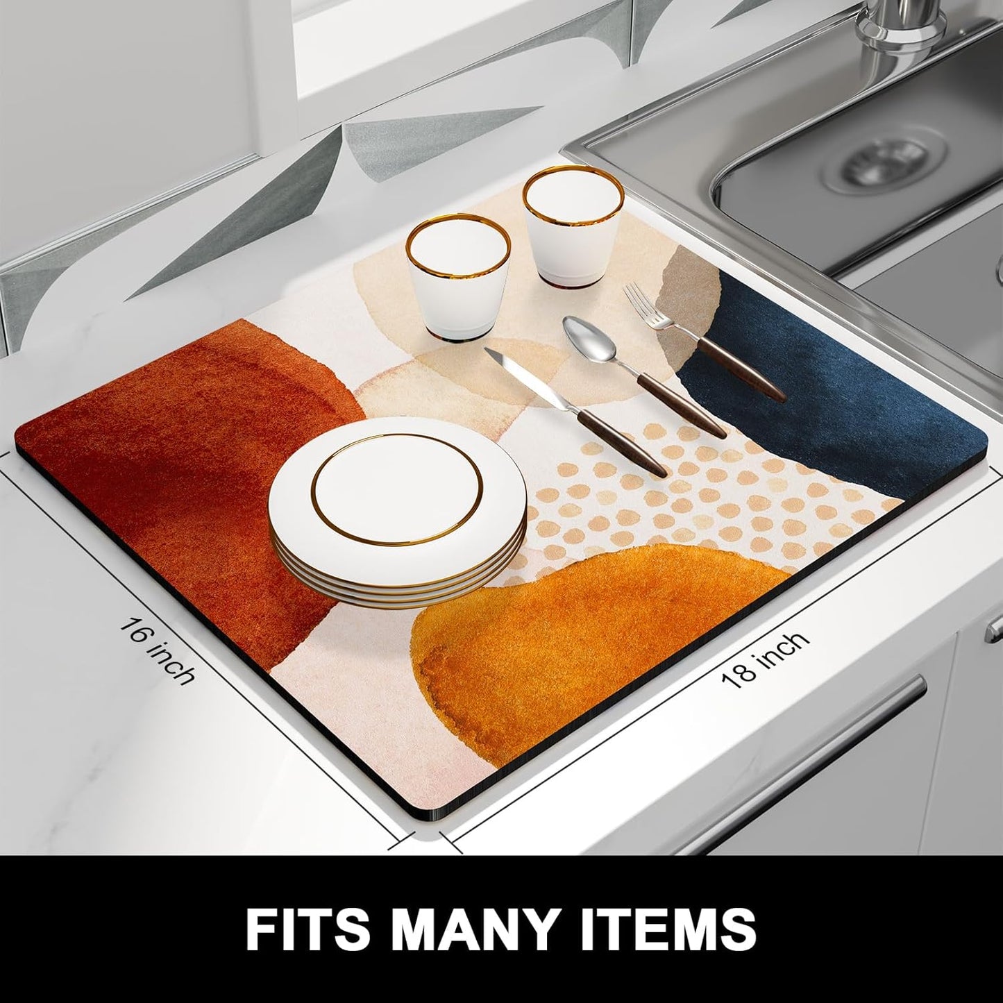 Rnivvi Dish Drying Mat for Kitchen Counter, 16 x 18" Cute Boho Theme Absorbent Heat Resistant Drying Pad with Non-slip Rubber, Coffee Bar Mats for Coffee Machine Dish Rack, Abstract Stones Art