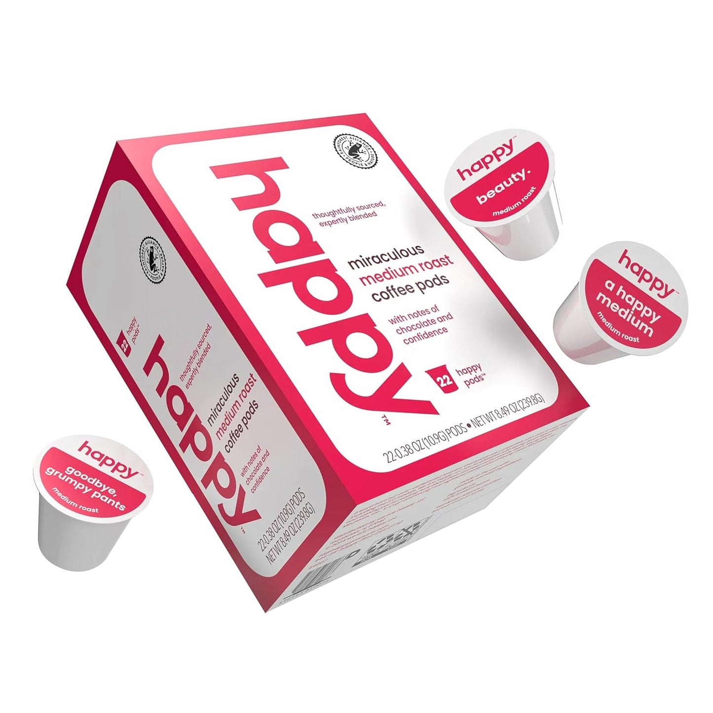 happy coffee medium roast coffee pods, 22 count, notes of chocolate & confidence, compatible with most K-cup brewers, rainforest alliance certified