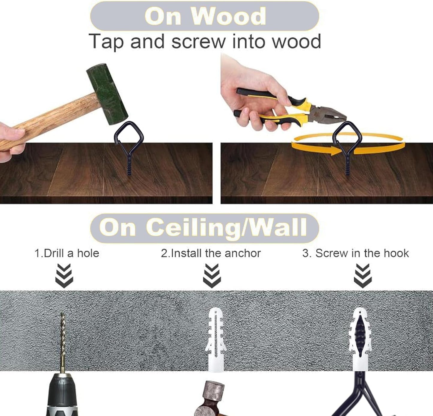 50 PCS Black Eye Screw Hooks for Hanging Heavy Duty with Safety Buckle.Metal Ceiling Hooks for Hanging Plants Cup Wind Chime Bird Feeders Patio Lights at Indoor&Outdoor