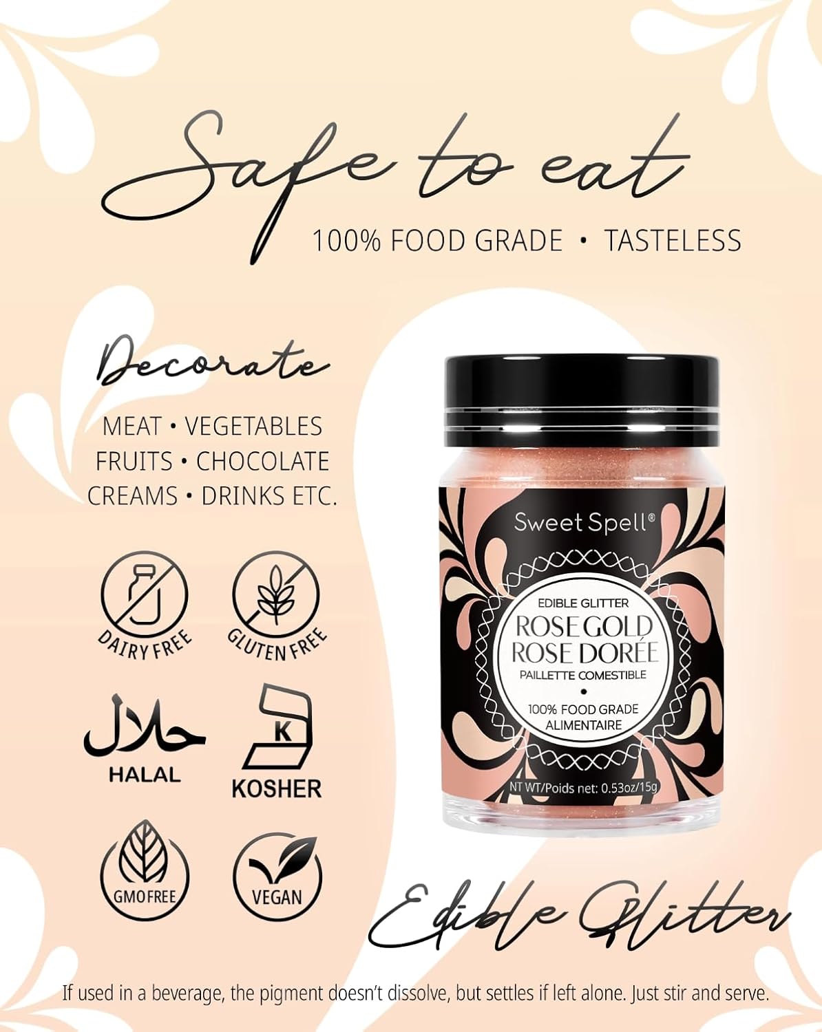 Sweet Spell Edible Glitter (15g) - Shimmer Sparkles for Drinks, Cakes, Cocktails - 100% Edible & Food Grade Glitter, Vegan, Gluten-Free (Rose Gold)