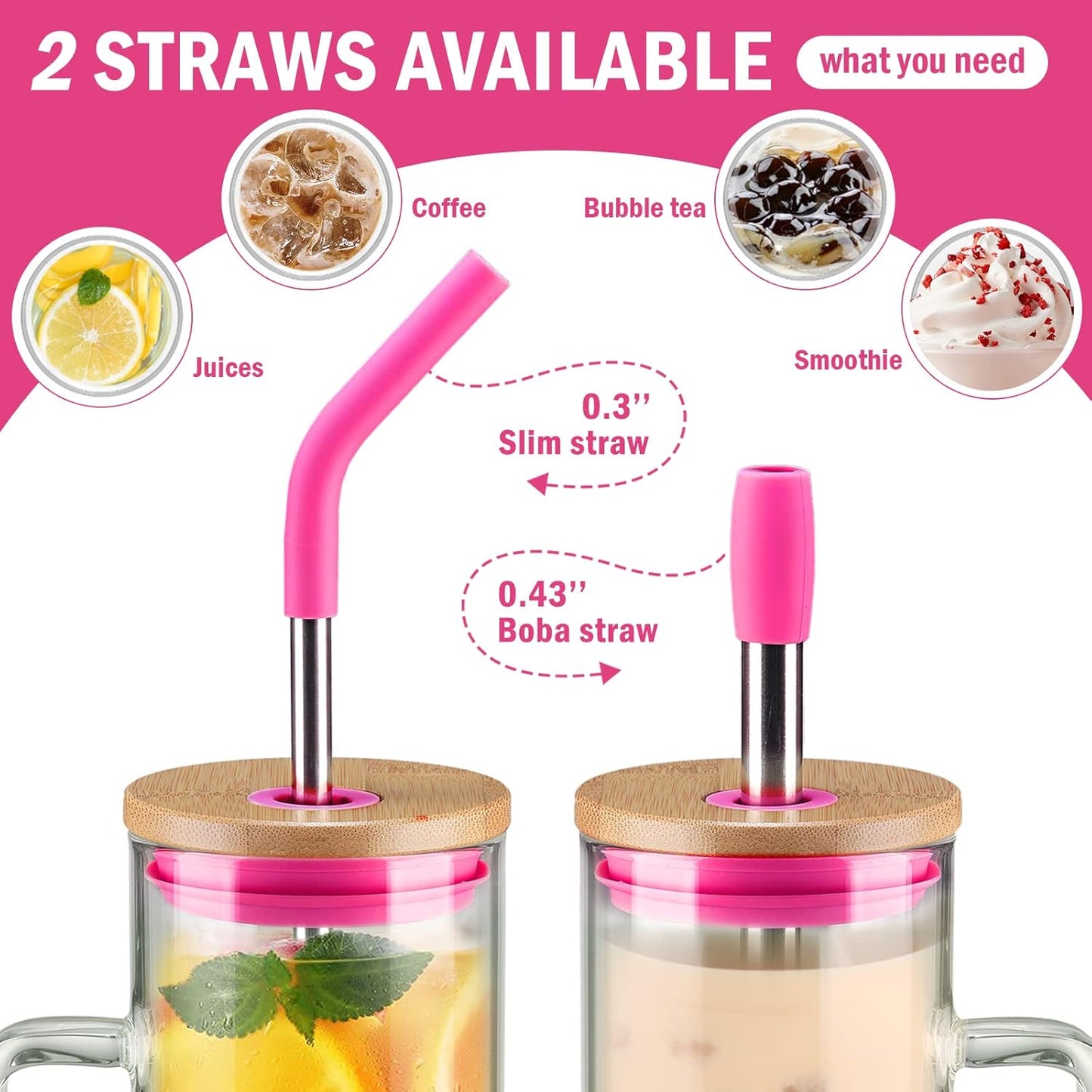 Kodrine 24 oz Glass Tumbler with Handle, Iced Coffee Cup Boba Smoothie Cup, Bamboo Lid Home Office Tumbler, Rose Red