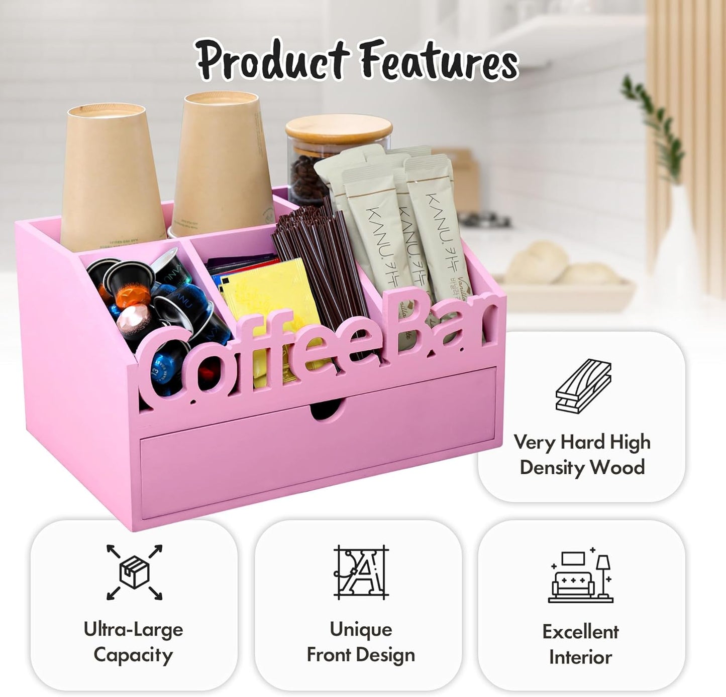Coffee Bar Organizer for Countertop – Wooden Coffee Station with Black Drawer, Tea and K Cup Storage Rack, Coffee Pod Holder for Home and Office Counter Organization (Drawer - Pink)