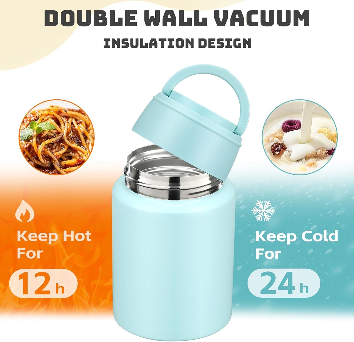 Soup Thermo for Hot Food Kids 16oz Insulated Food Jar Leakproof Thermo Lunch Container for Kids Wide-Mouth Stainless Steel Lunch Box for School with Handle Folding Spoon(3+)