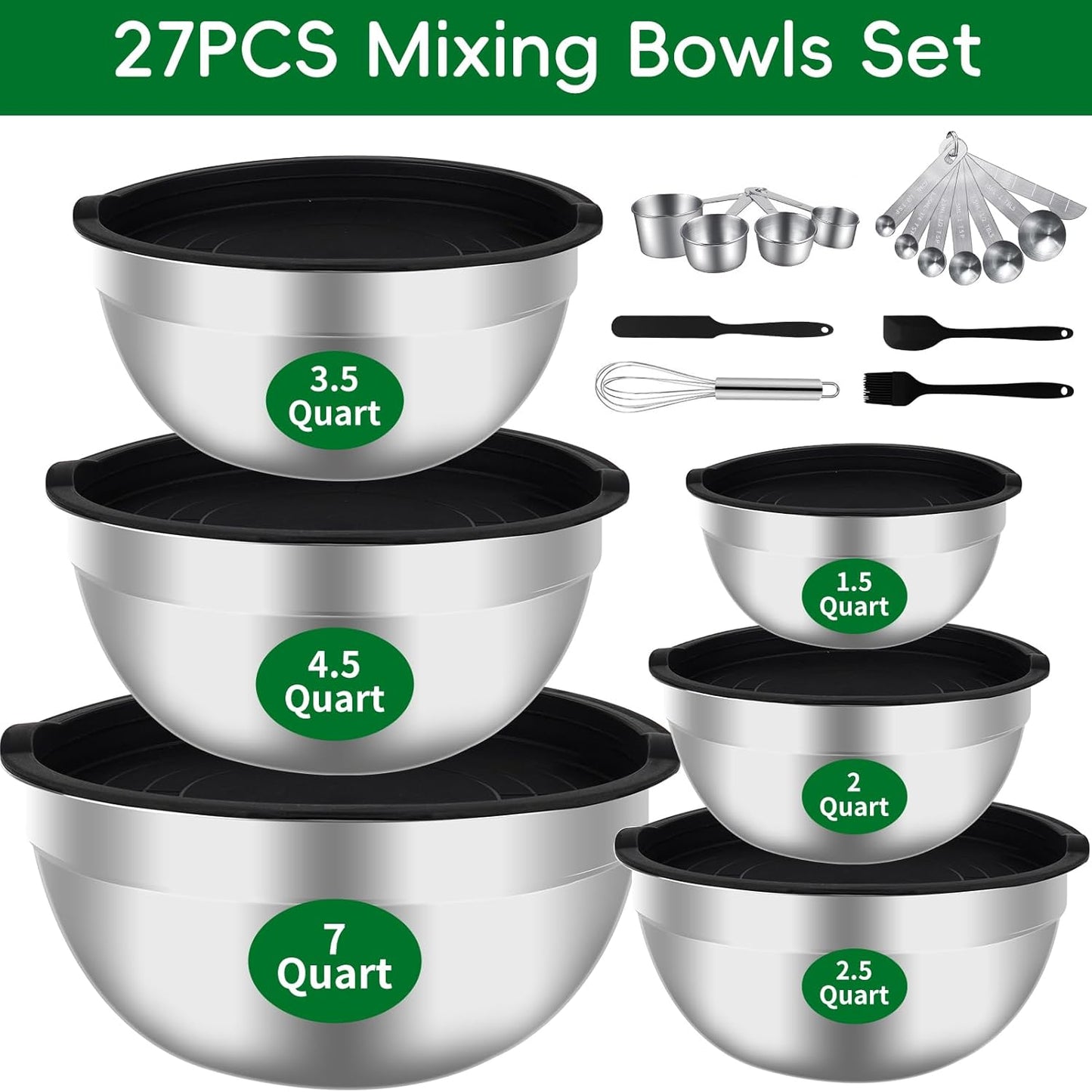 Mixing Bowls Set, 27PCS Stainless Steel Mixing Bowl with Lid Set, Large Nesting Bowls 7, 4.5, 3, 2.5, 2, 1.5QT, Measuring Cups and Spoons Baking Utensils Metal Bowl for Kitchen Prep