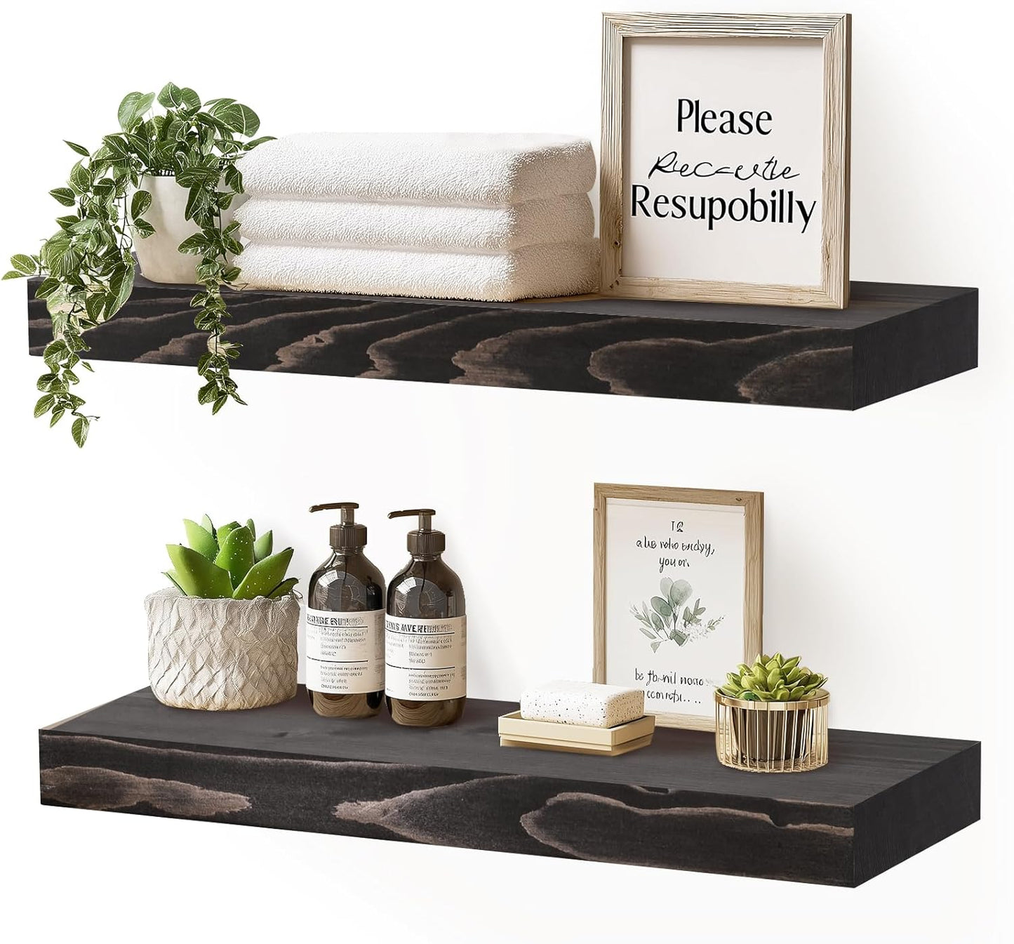 17x8x1.6 inch Floating Shelves Set of 2 – Solid Wood Rustic Black Wall Mounted Shelf for Kitchen, Bathroom, Living Room