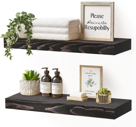 17x8x1.6 inch Floating Shelves Set of 2 – Solid Wood Rustic Black Wall Mounted Shelf for Kitchen, Bathroom, Living Room