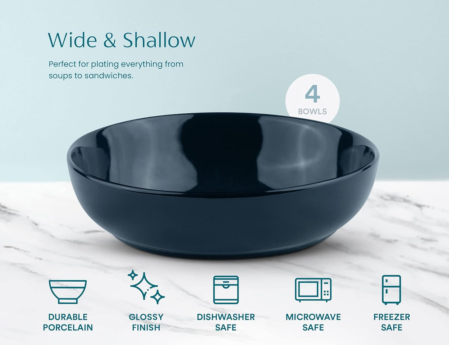 KooK Pasta Bowl, Salad Bowls, Soup, Serving Bowls, Ceramic, Large Capacity, Microwave & Dishwasher Safe, Set of 4, 40 Oz,(Navy Blue)