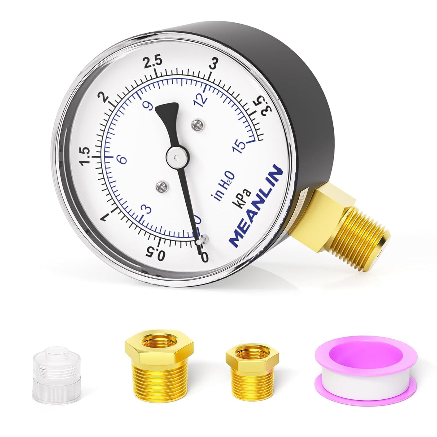 MEANLIN MEASURE 0-15 in H2O Diaphragm Type Capsule Low-Pressure Gauge, Water Column Gauge, 2.6" Dial, 1/4" NPT, Rear Adjustable Knob, with 1/2" NPT and 3/8" NPT Hex Bushing, Lower Mount