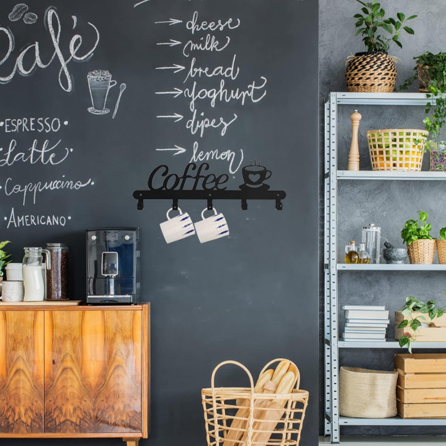 TOPZEA Wall Mounted Coffee Mug Holder, Metal Cups Rack with 5 Hooks Mugs Storage Hanger, Space Saving Hanging Organizer for Kitchen, Bar Station Accessories, Coffee Sign Decor