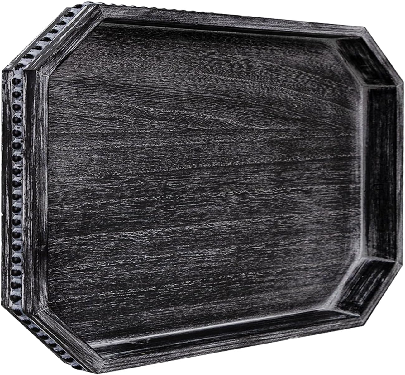 Decorative Coffee Table Serving Tray, Long Octagonal Black Wood Tray with Wooden Bead, Farmhouse Big for Ottoman Table, Countertop, Home Decor, 16.5"x13"x1.6" (Retro Black)