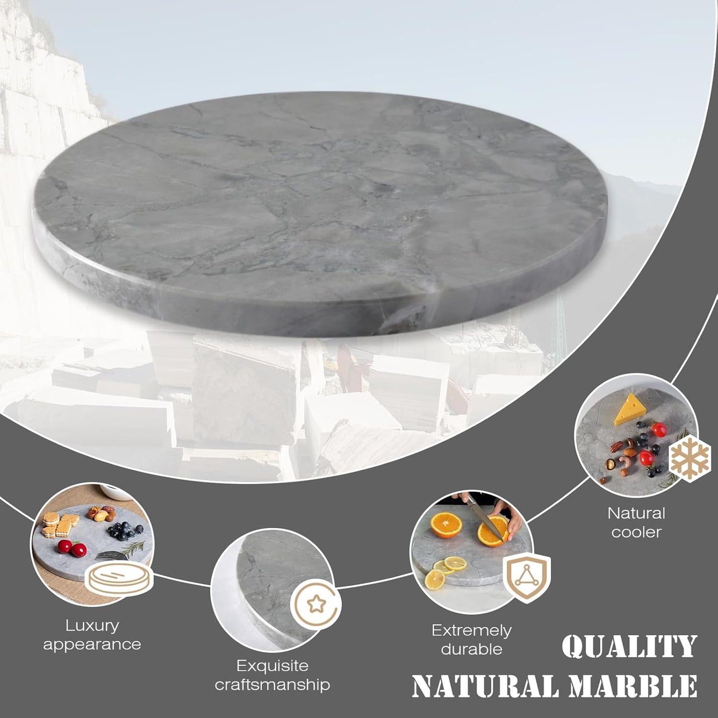 Koville Round Marble Pastry Cutting Board - 11" Gray Marble Cheese Board for Baking, Charcuterie, Pastry, Trivet - Non-Stick Heat Resistant Stone Cutting Boards for Kitchen