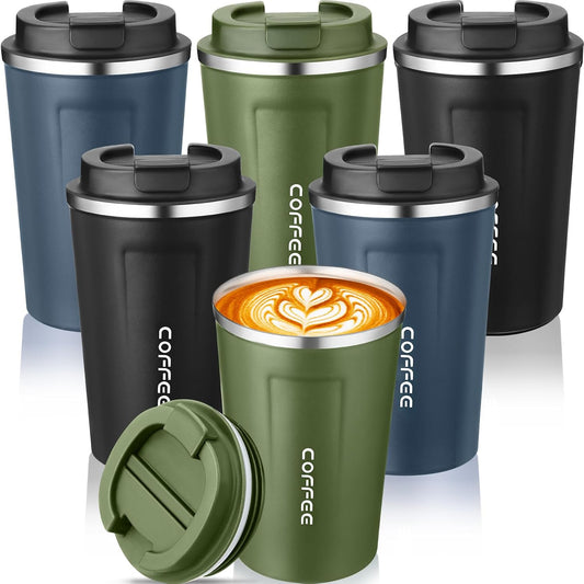 6 Pack Travel Coffee Mugs 12oz Double Wall Insulated Coffee Cups Bulk with Lid Vacuum Stainless Steel Leak Proof Reusable Portable Tumblers for Cold and Hot Drinks(Black, Blue, Green)