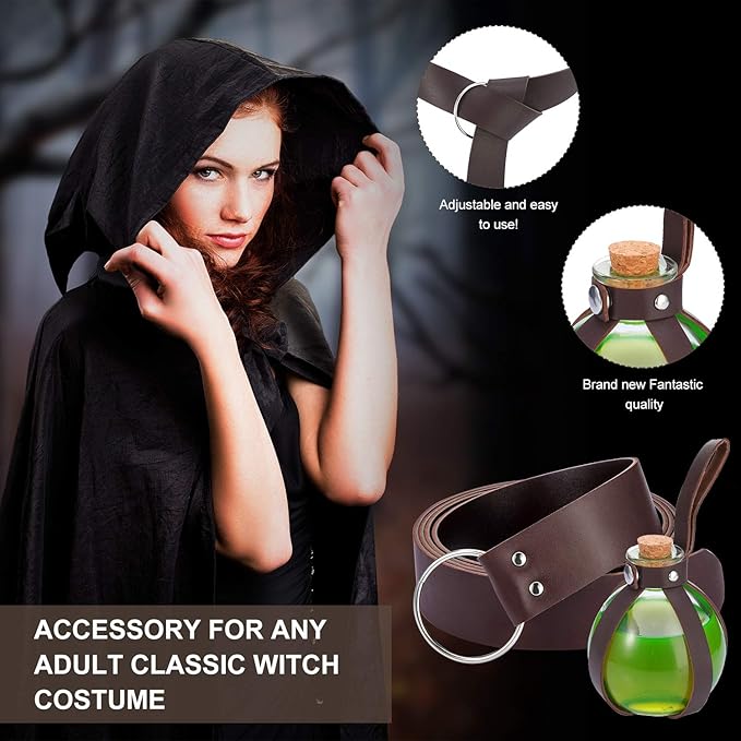 Boao Potion Bottles with Cork Set Dark Magic Cork Round Potion Bottle with Leather Belt Clear Glass Large for Halloween Costume Props DIY Crafts Decorative, 200 ml(Brown)