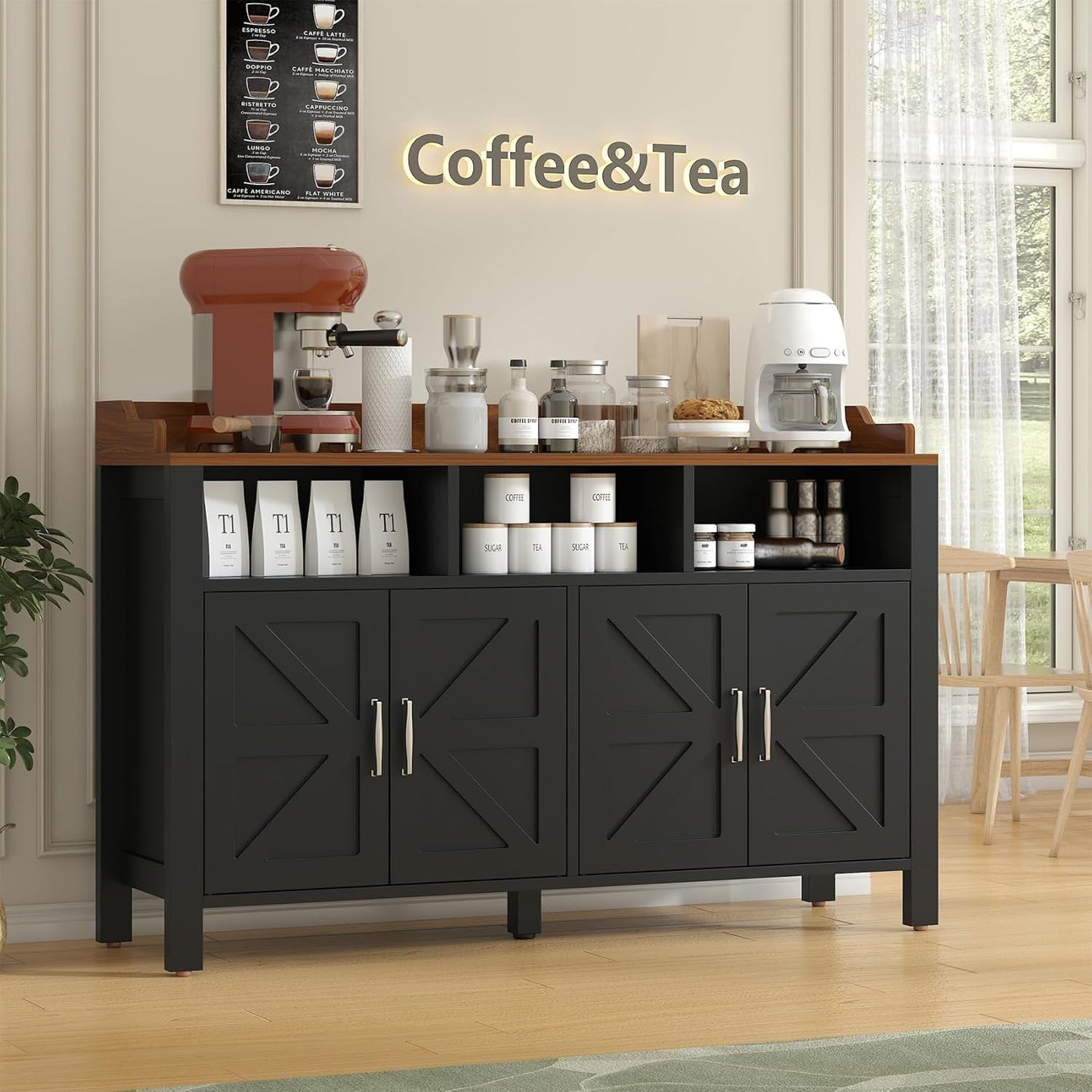 Buffet Cabinet with Storage Farmhouse with 4 Doors and 3 Open Compartments, 55'' Large Kitchen Storage Cabinet Black Wood Coffee Bar Buffet Sideboard for Kitchen, Dining Room, Living Room