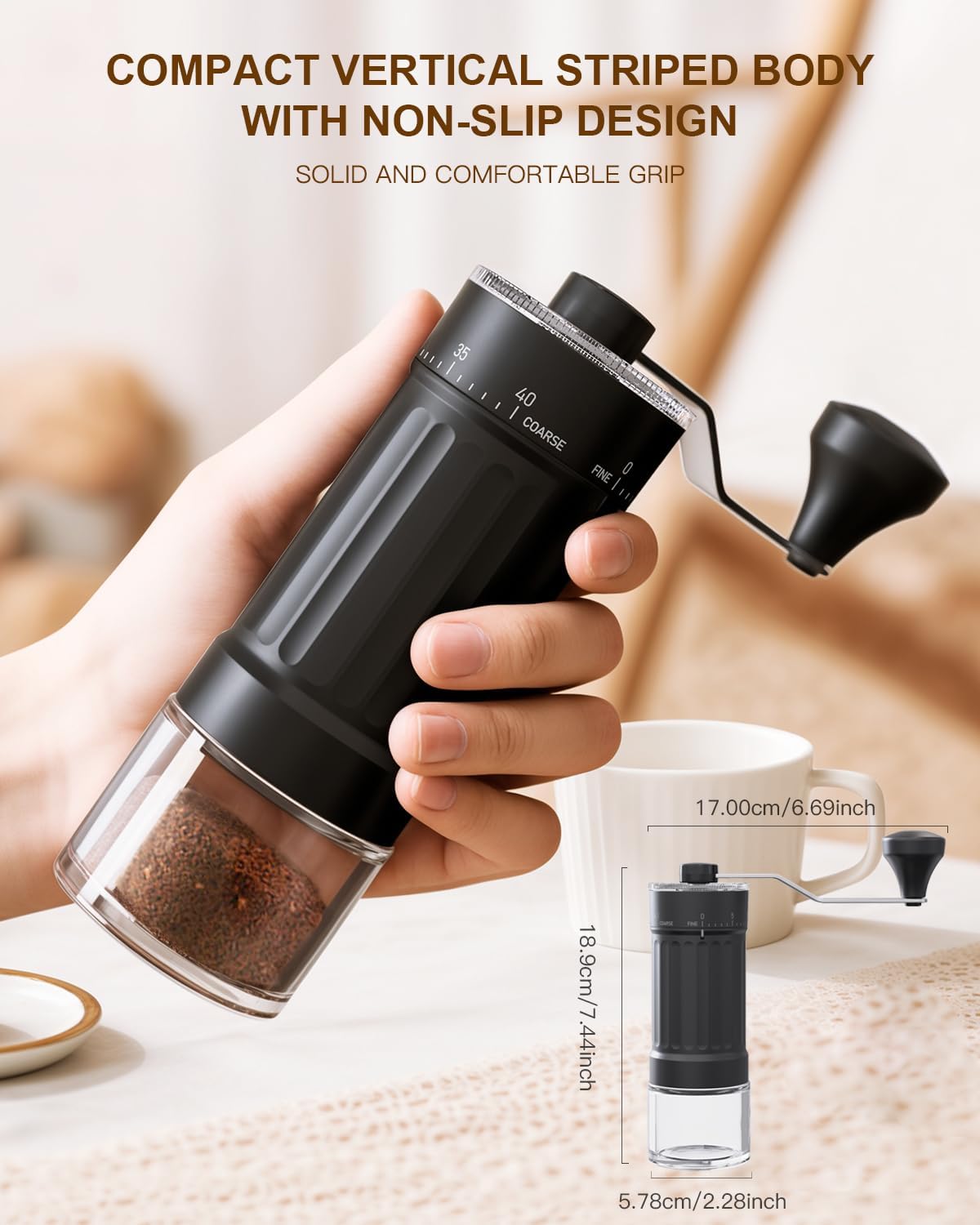 CIRCLE JOY Manual Coffee Grinder with 40 Levels External Adjustment and Ceramic Burr, Portable Hand Coffee Grinder Set with Pour Over Coffee Dripper, 50 Count V60 Coffee Filters and Storage Bag
