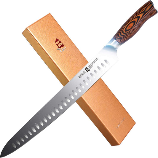 TUO Slicing Knife, 12 inch Granton Carving Knives Hollow Ground for Meat Cutting, Kitchen Long Slicer & Carver, German Stainless Steel Pakkawood Handle, Gift Box Included - Fiery Series