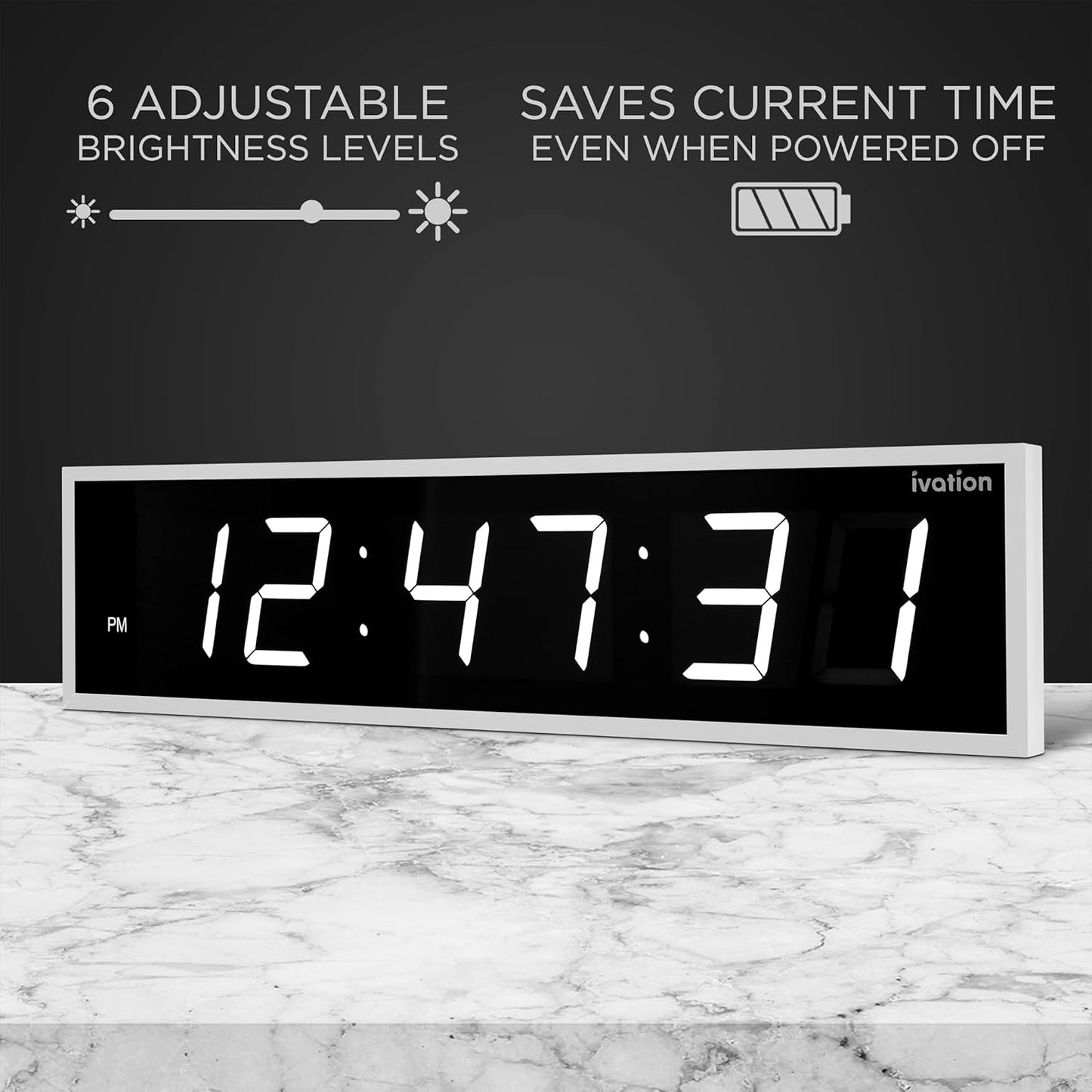 Ivation Huge Oversized 72" Large Digital LED Clock | Big Digital Clock w/Multi-Function Display – Stopwatch, Timer, Alarms, Temp & Date | 6 Brightness Levels, Time Memory & Remote (White)