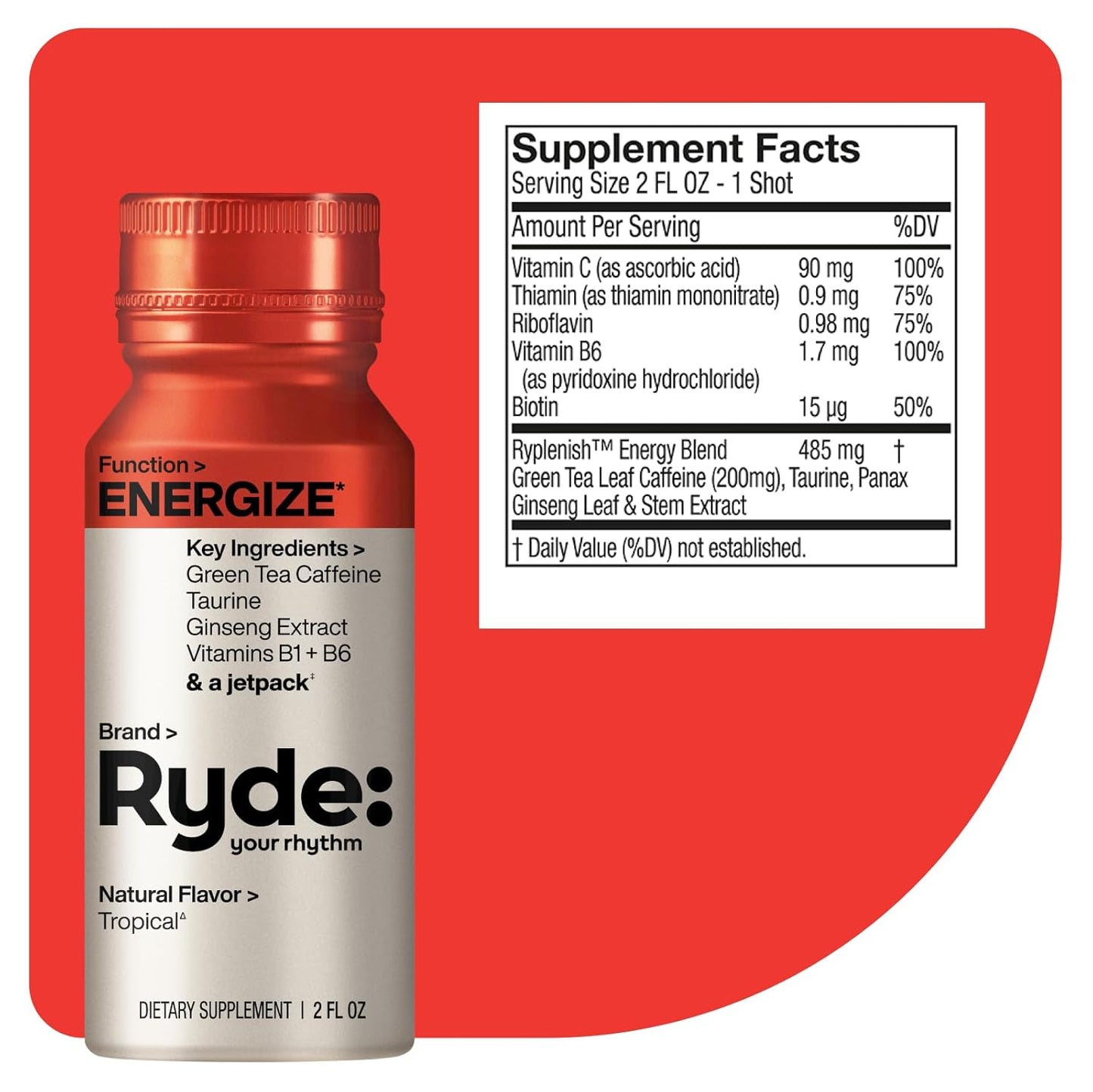 Ryde: Energize Shot | Tropical Flavor | Green Tea Caffeine, Taurine, Ginseng Extract & B Vitamins | 0 Calories, 0 Sugar | 2 FL OZ Shots | Boosts energy* (8 Pack)