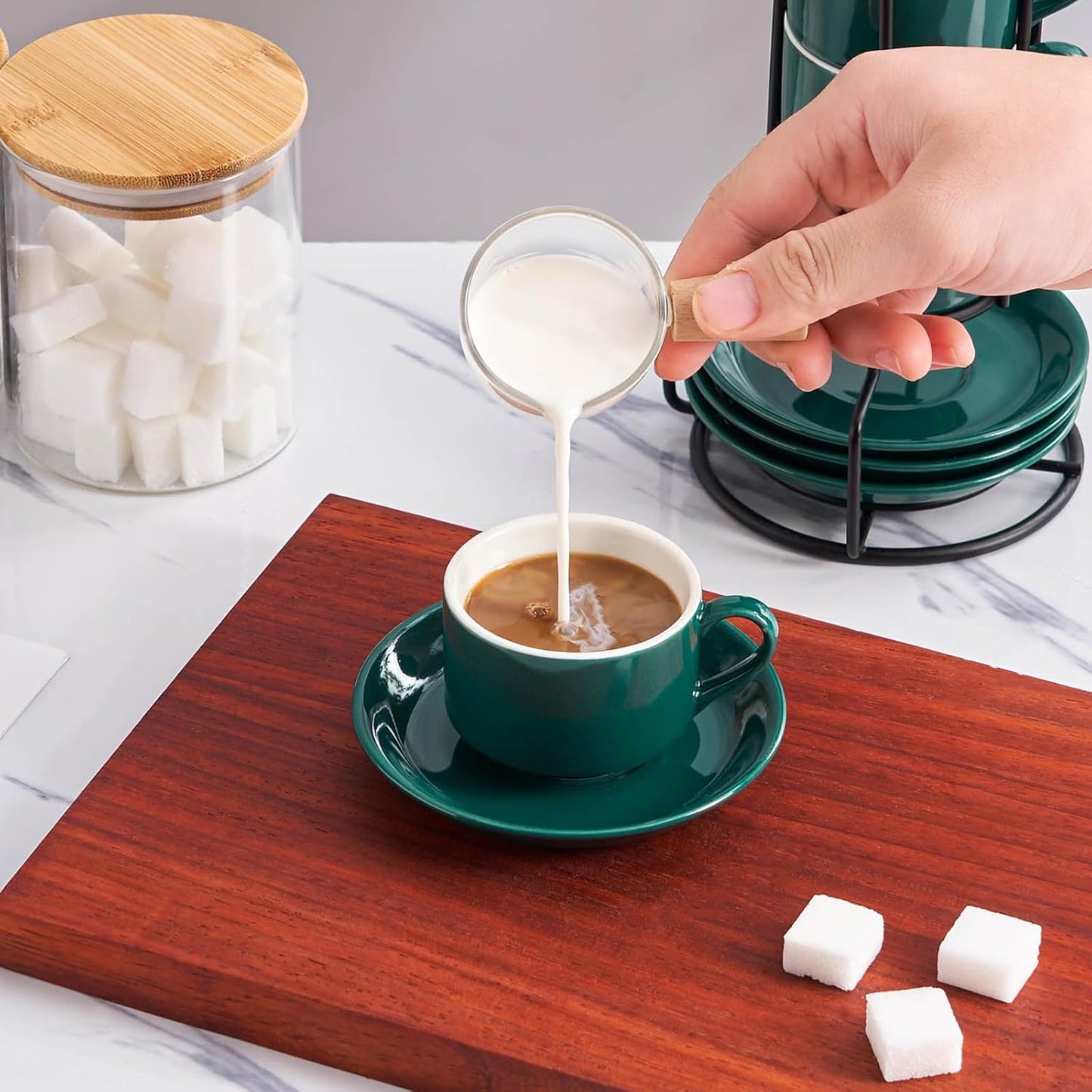 YOLIFE 2.5oz Porcelain Stackable Espresso Cups with Saucers and Metal Stand Set of 4, Stackable Cappuccino Cups, Green Expresso Shots Cup Set for Coffee Drinks, Latte, Tea