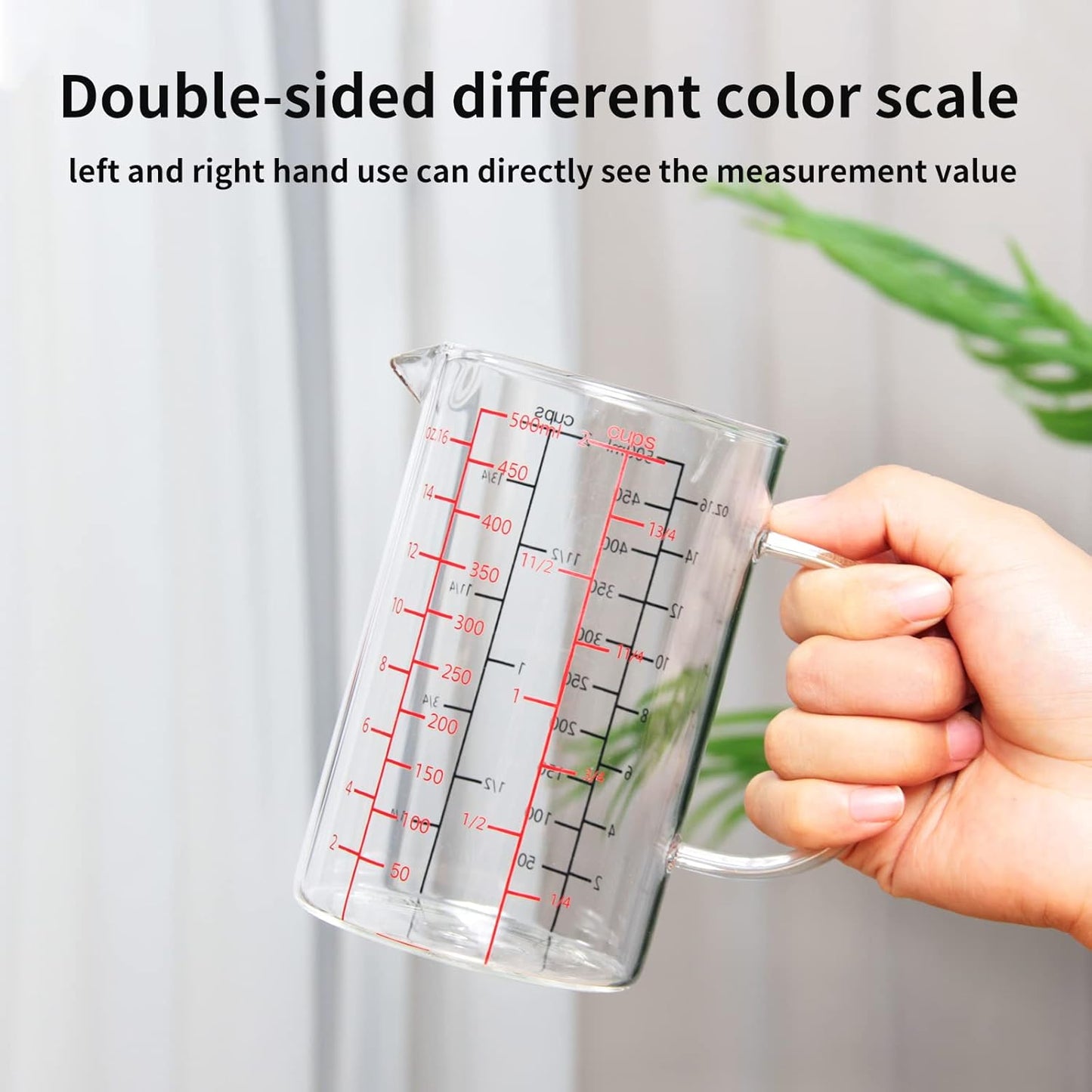 77L Glass Measuring Cup, [Double-Sided Measuring Scale, Insulated handle, V-Shaped Spout], High Borosilicate Glass Measuring Cup for Kitchen or Restaurant, Easy To Read, 500 ML (0.5 Liter, 2 Cup)