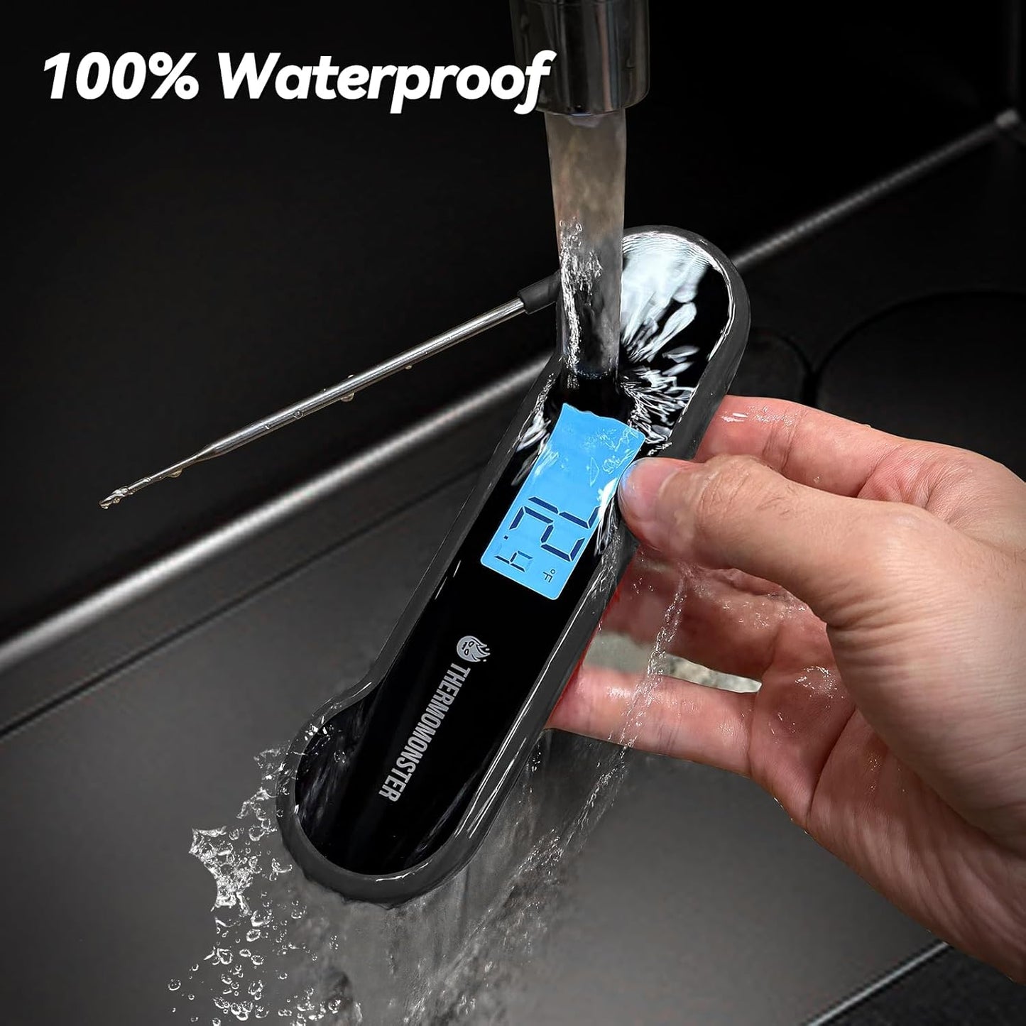 0.5 Sec Instant Read Meat Thermometer Digital with ±0.5℉ Precision, 100% Waterproof Auto Flip Bright LCD Screen, Motion Sensing Food Thermometer for Cooking Kitchen Oven Grill Candy BBQ, Black