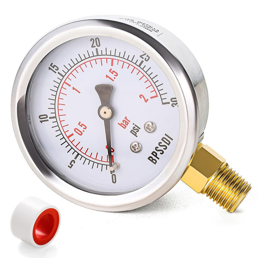 0-30 Psi Low Pressure Gauge, 2.5" Dial Size, 1/4" NPT Lower Mount, 304 Stainless Steel Case, Water Pressure Gauge Test for Water Pipe, HVAC(with Tape)