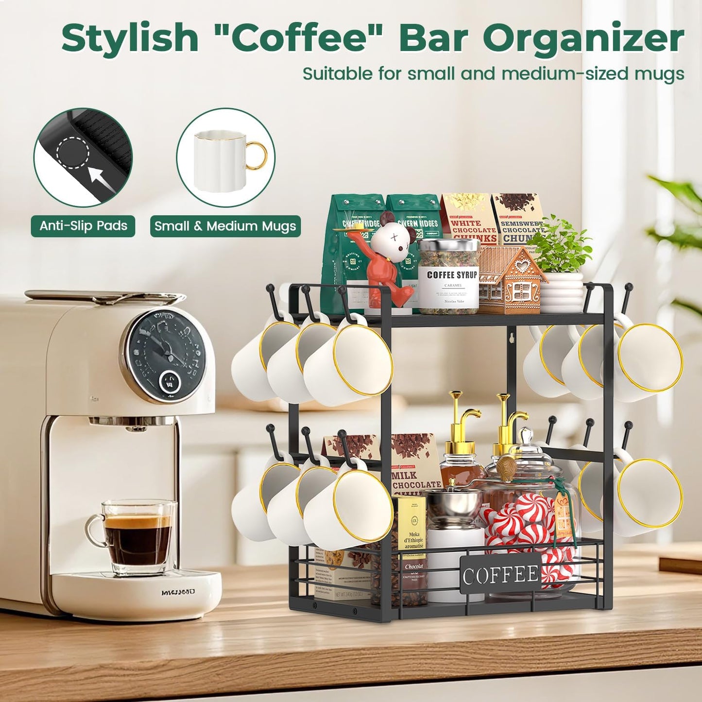EsLuker.ly Coffee Mug Cup Holder Tree Bar Station Organizer, 2 Tier Mug Stand Rack for Countertop Kitchen, Storage Tower Display Shelf with 12 Hooks, Coffee Nook Enhancer, Black